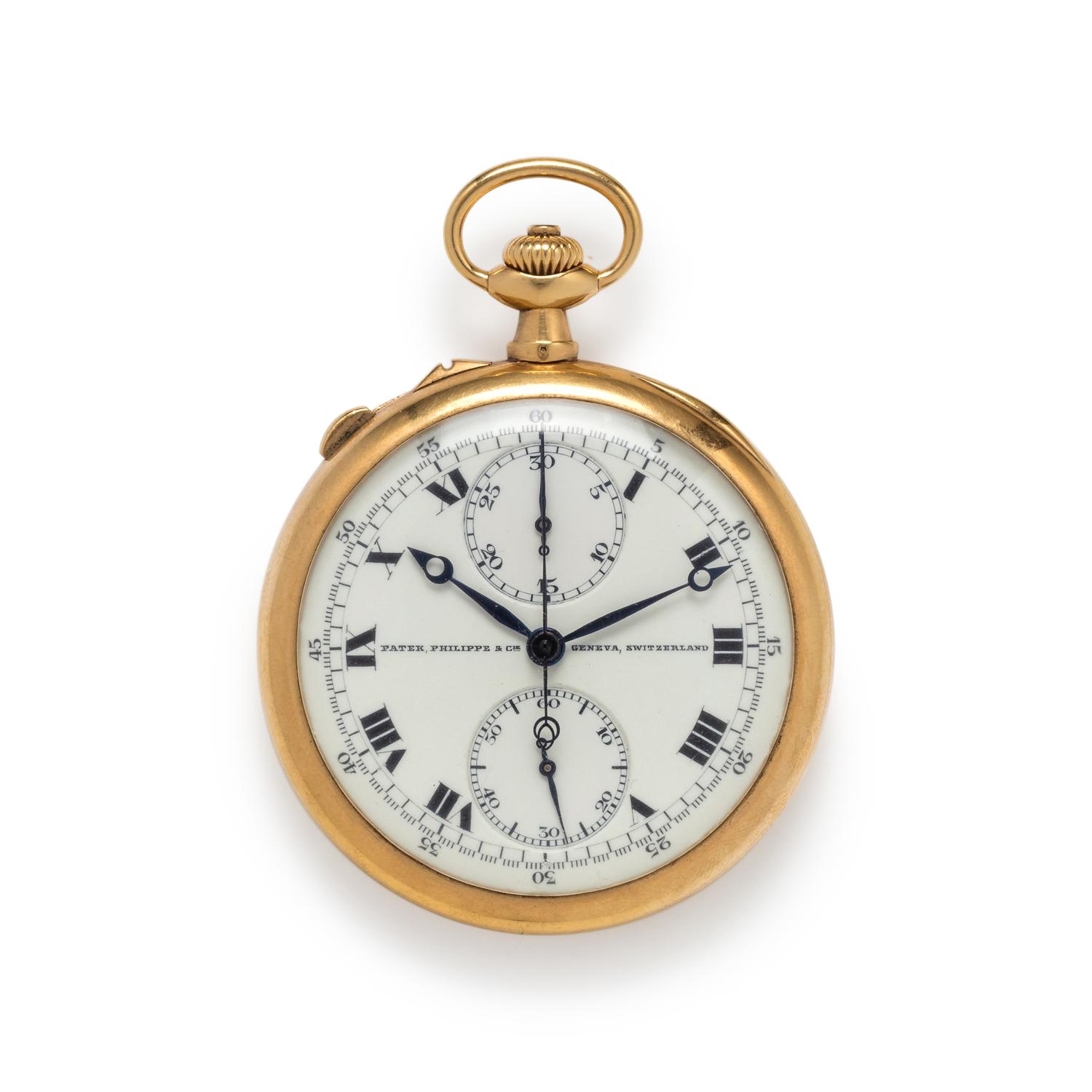 PATEK PHILIPPE, 18K YELLOW GOLD SPLIT SECOND CHRONOGRAPH OPEN FACE POCKET WATCH