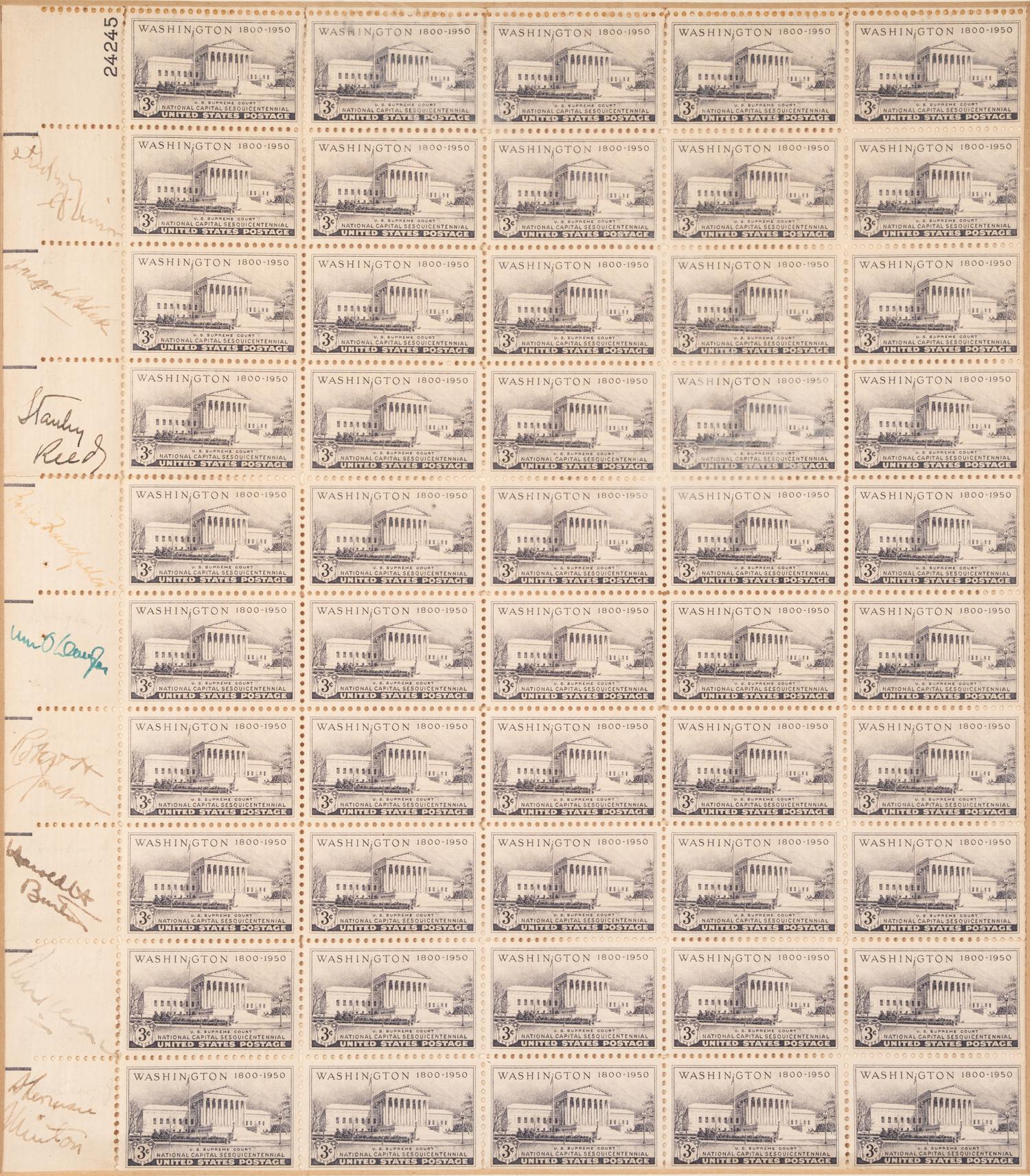 [SUPREME COURT]. Sheet of National Capital Centennial stamps SIGNED BY THE NINE JUSTICES OF THE VINSON COURT. [Washington, D.C.], ca 1949.