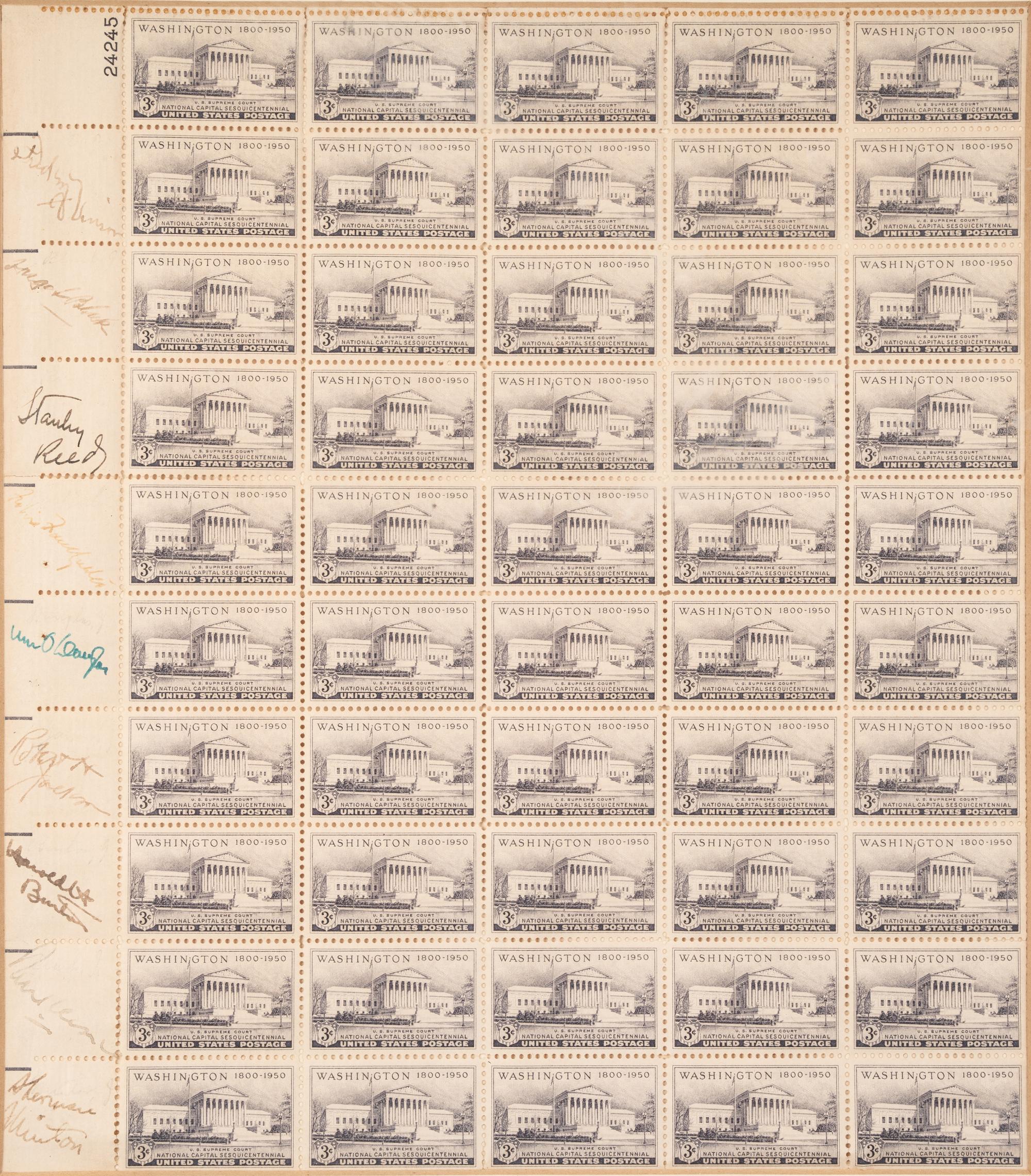 [SUPREME COURT]. Sheet of National Capital Centennial stamps SIGNED BY THE NINE JUSTICES OF THE VINSON COURT. [Washington, D.C.], ca 1949.