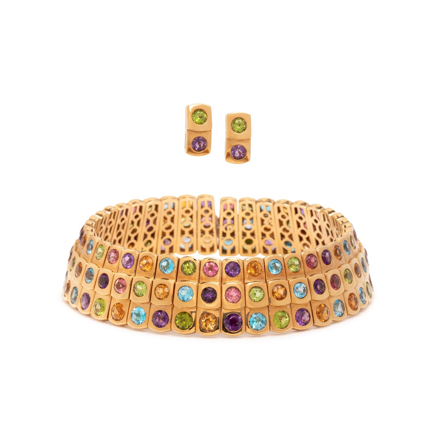 YELLOW GOLD AND MULTIGEM COLLAR NECKLACE AND EARRINGS