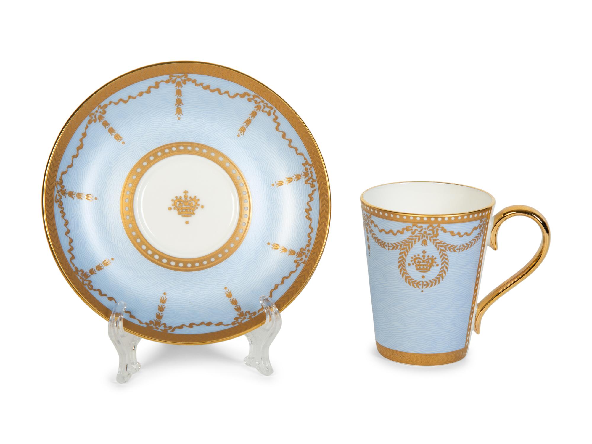 Nine English Porcelain Luncheon Plates and Five Continental Porcelain Cups with Saucers