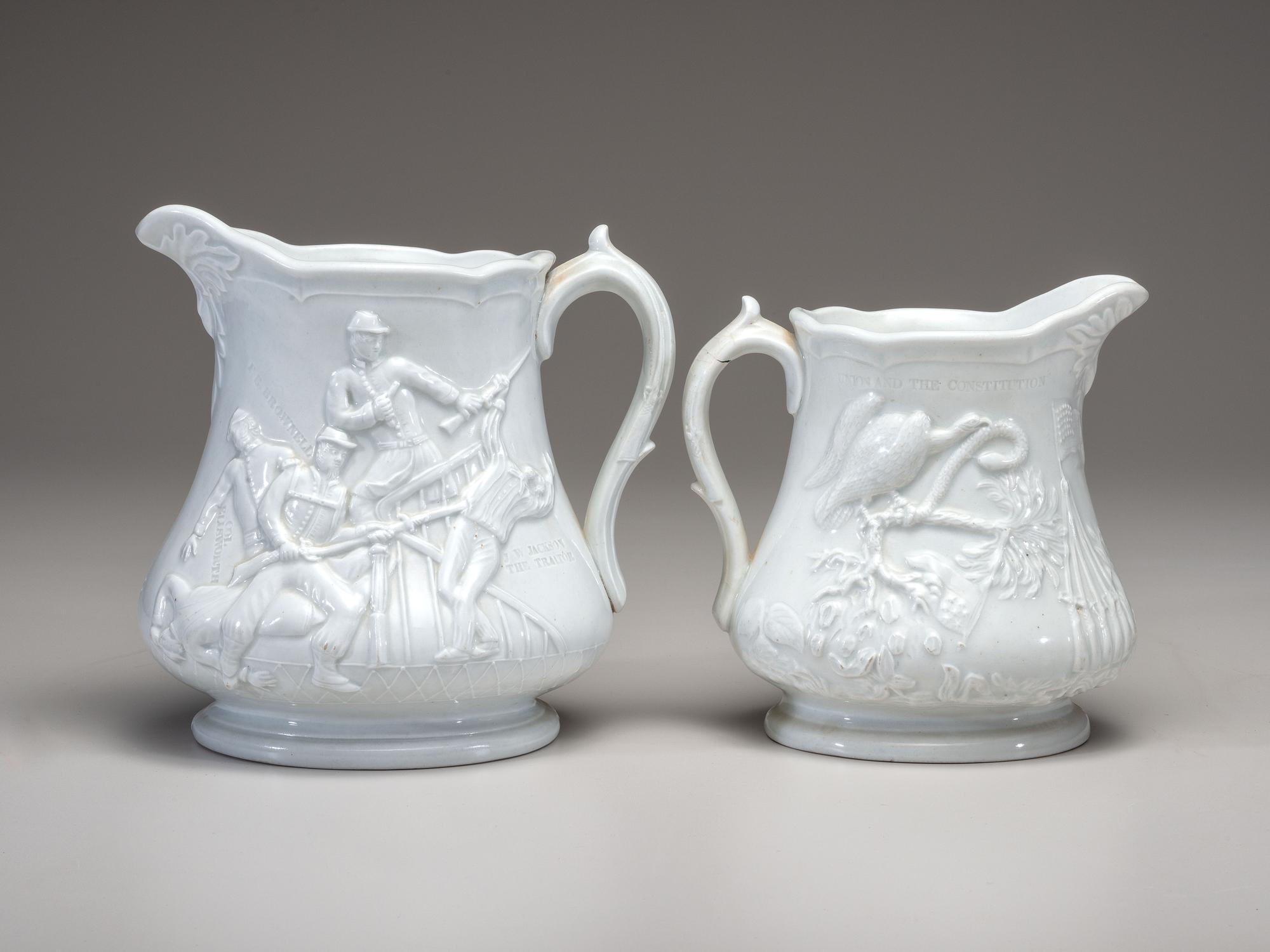 Two Millington, Astbury and Poulson White Glazed Molded Porcelain 'Colonel Elmer Ellsworth' Commemorative Pitchers