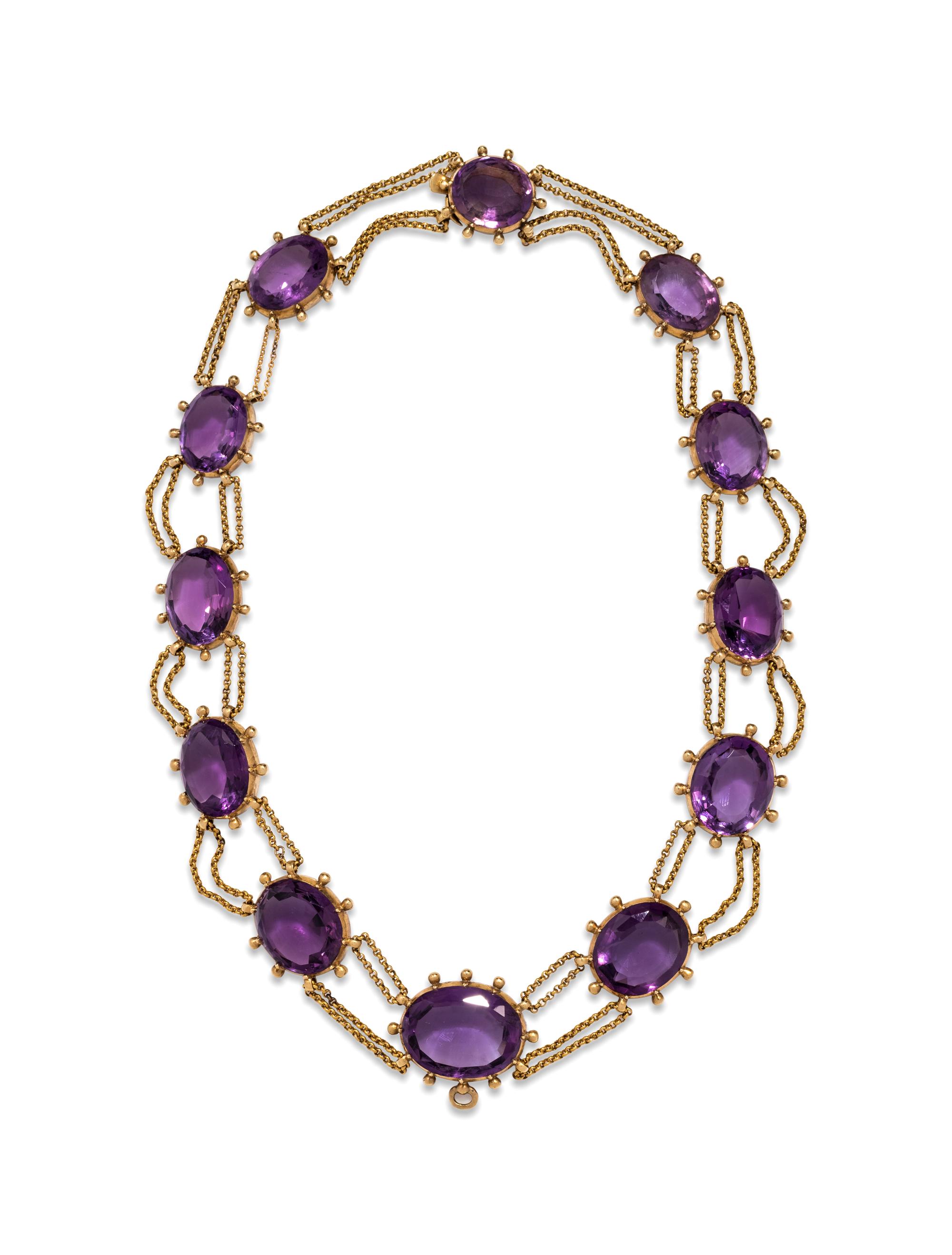 VICTORIAN, YELLOW GOLD AND AMETHYST SWAG NECKLACE