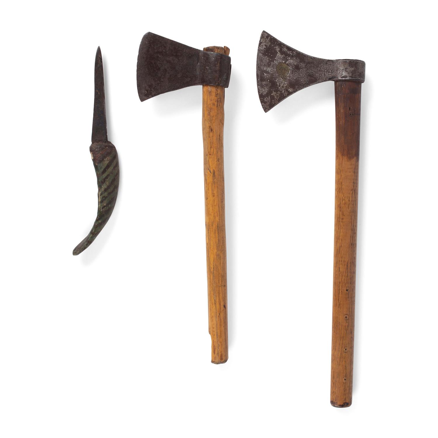 Pair of Belt Axes, One with Inlay, AND Painted Horn Knife