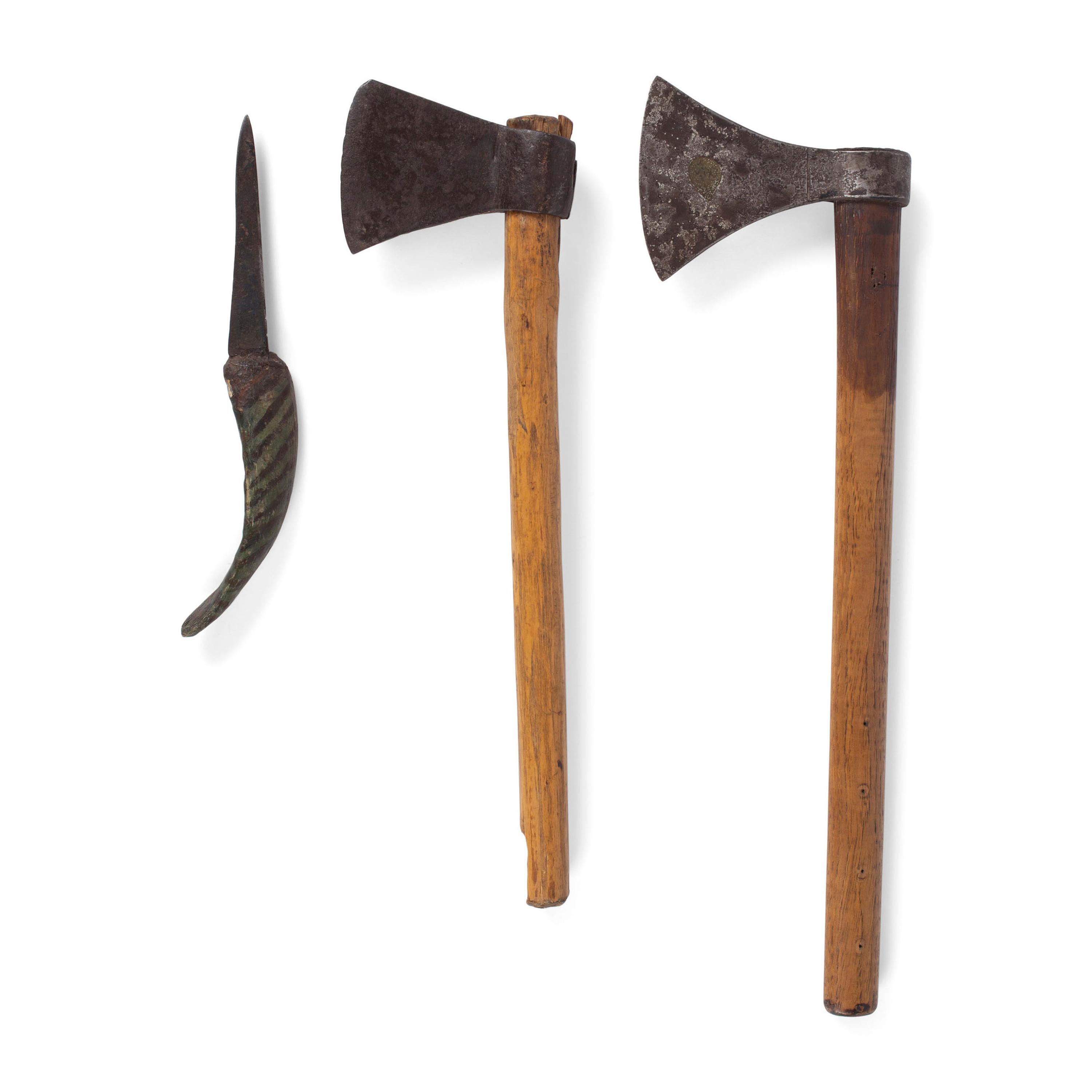 Pair of Belt Axes, One with Inlay, AND Painted Horn Knife