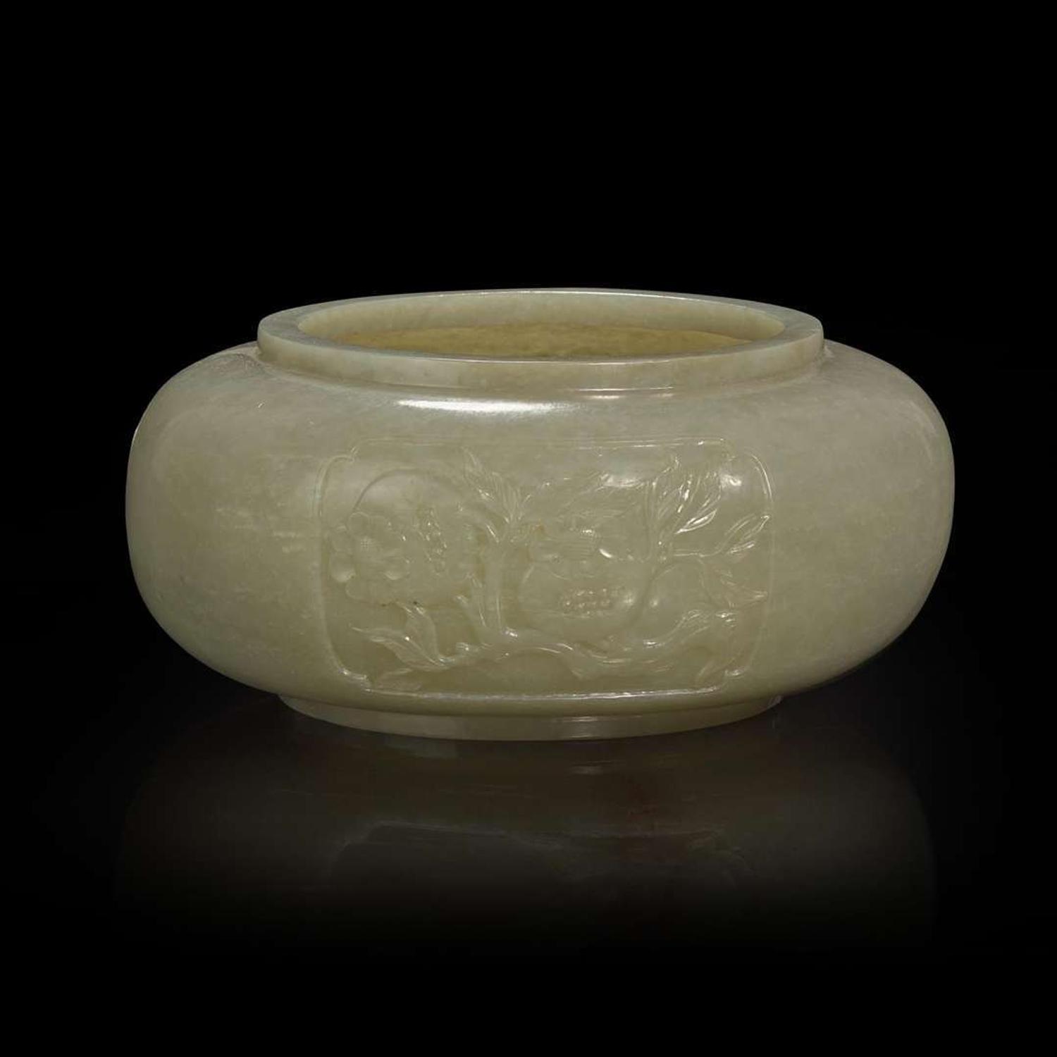 A Chinese carved celadon jade "Sanduo" alms bowl 青玉三多碗 18th to 19th century ???????