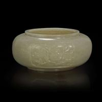 A Chinese carved celadon jade "Sanduo" alms bowl 青玉三多碗 18th to 19th century ???????