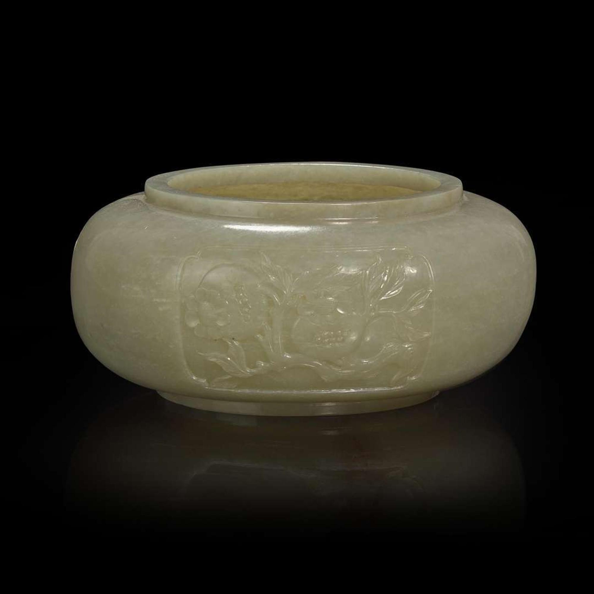 A Chinese carved celadon jade "Sanduo" alms bowl 青玉三多碗 18th to 19th century ???????
