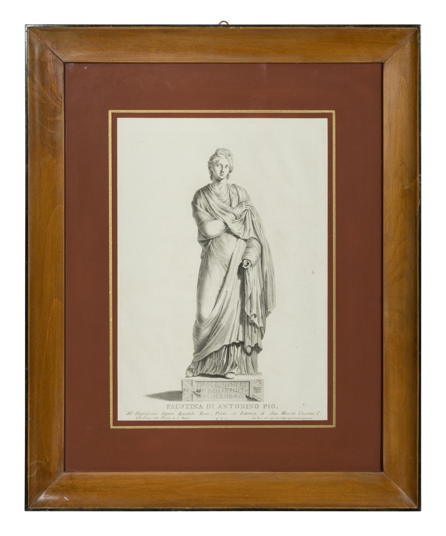 A Set of Four Prints of Antique Statues published by Antonio Maria Zanetti (1706-1778)]. From Delle Antiche Statue Greche e Romane che nell'Antisala della Libreria di San Marco, Venice,1740-1743 sight: 16 x 11 1/4 inches. framed: 25 3/4 x 21 inches.