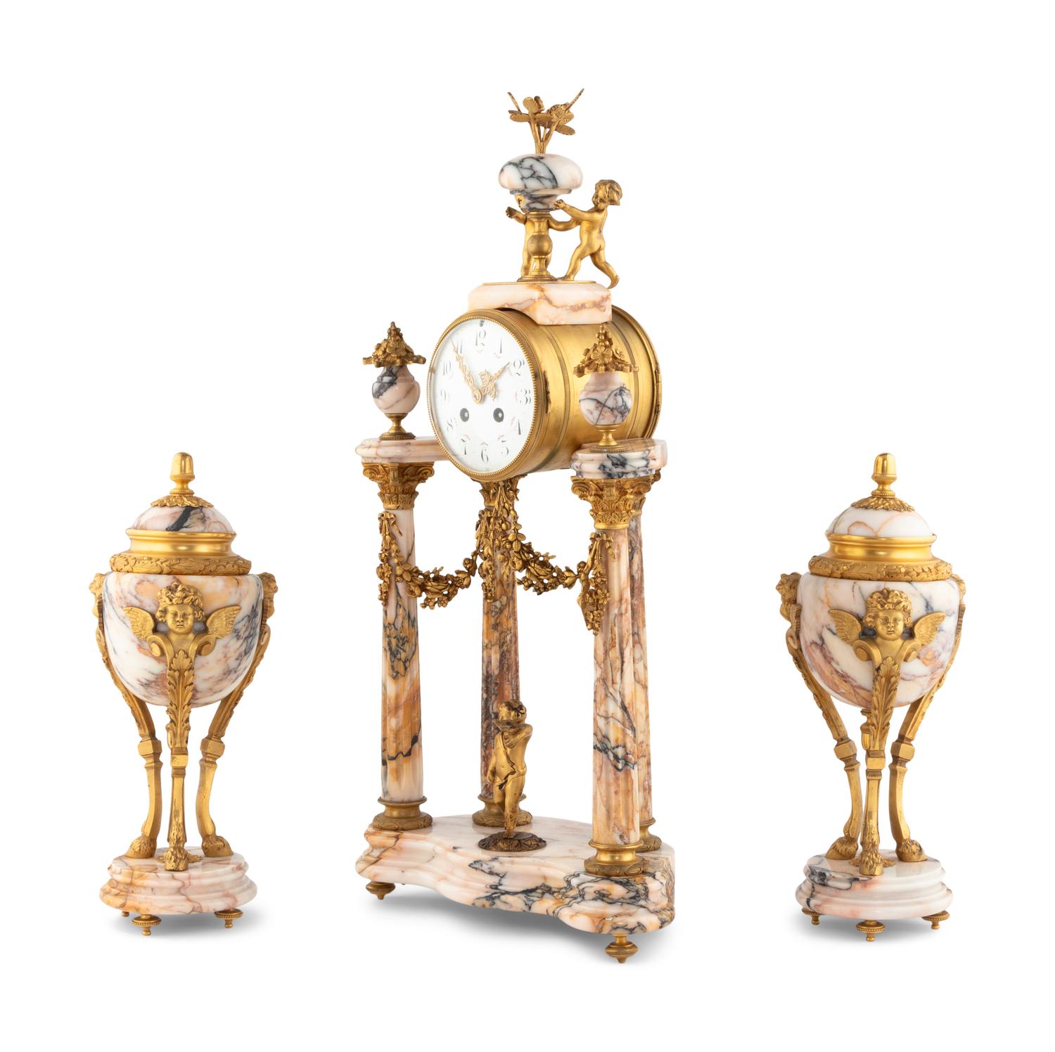 A French Gilt Bronze and Marble Mantel Clock Garniture