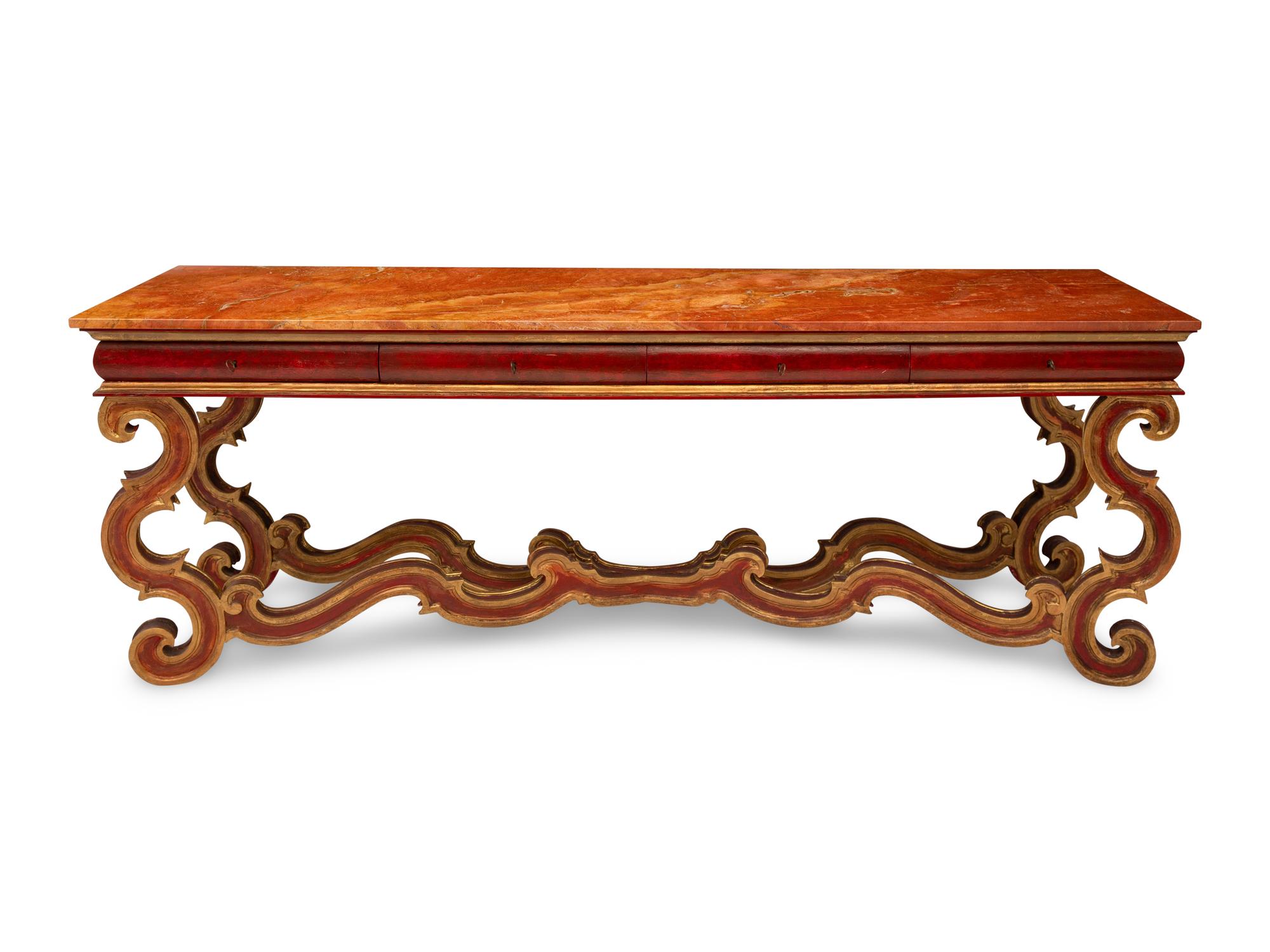 An Italian Red-Painted and Parcel-Gilt Rouge Marble Top Console Table