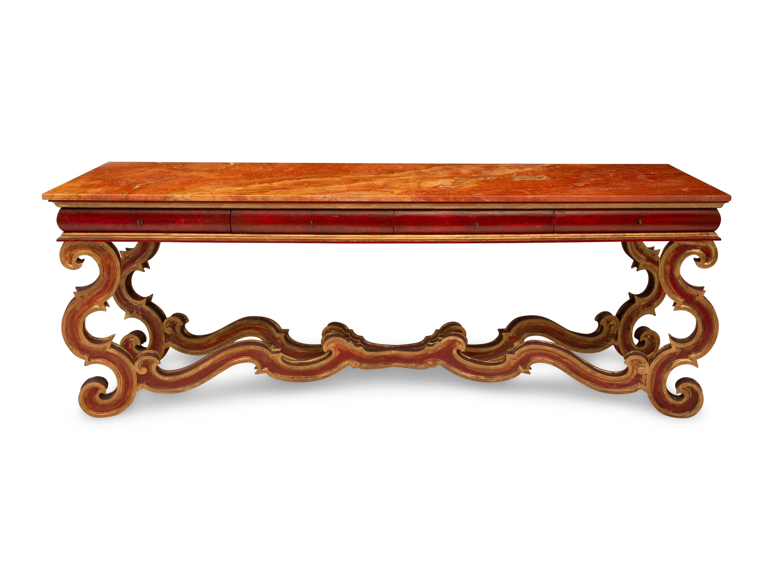 An Italian Red-Painted and Parcel-Gilt Rouge Marble Top Console Table