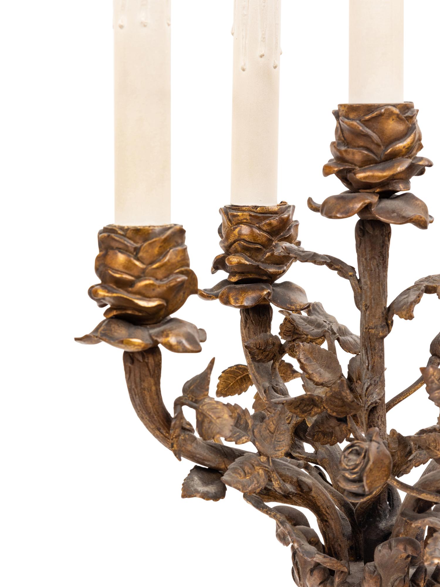 A Pair of French Bronze and Marble Urn-Form Five-Light Candelabra