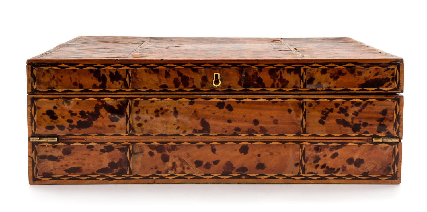 A Tortoise Shell and Parquetry Decorated Writing Slope Height 5 x width 14 3/4 x depth 8 3/4 inches.