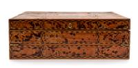 A Tortoise Shell and Parquetry Decorated Writing Slope Height 5 x width 14 3/4 x depth 8 3/4 inches.