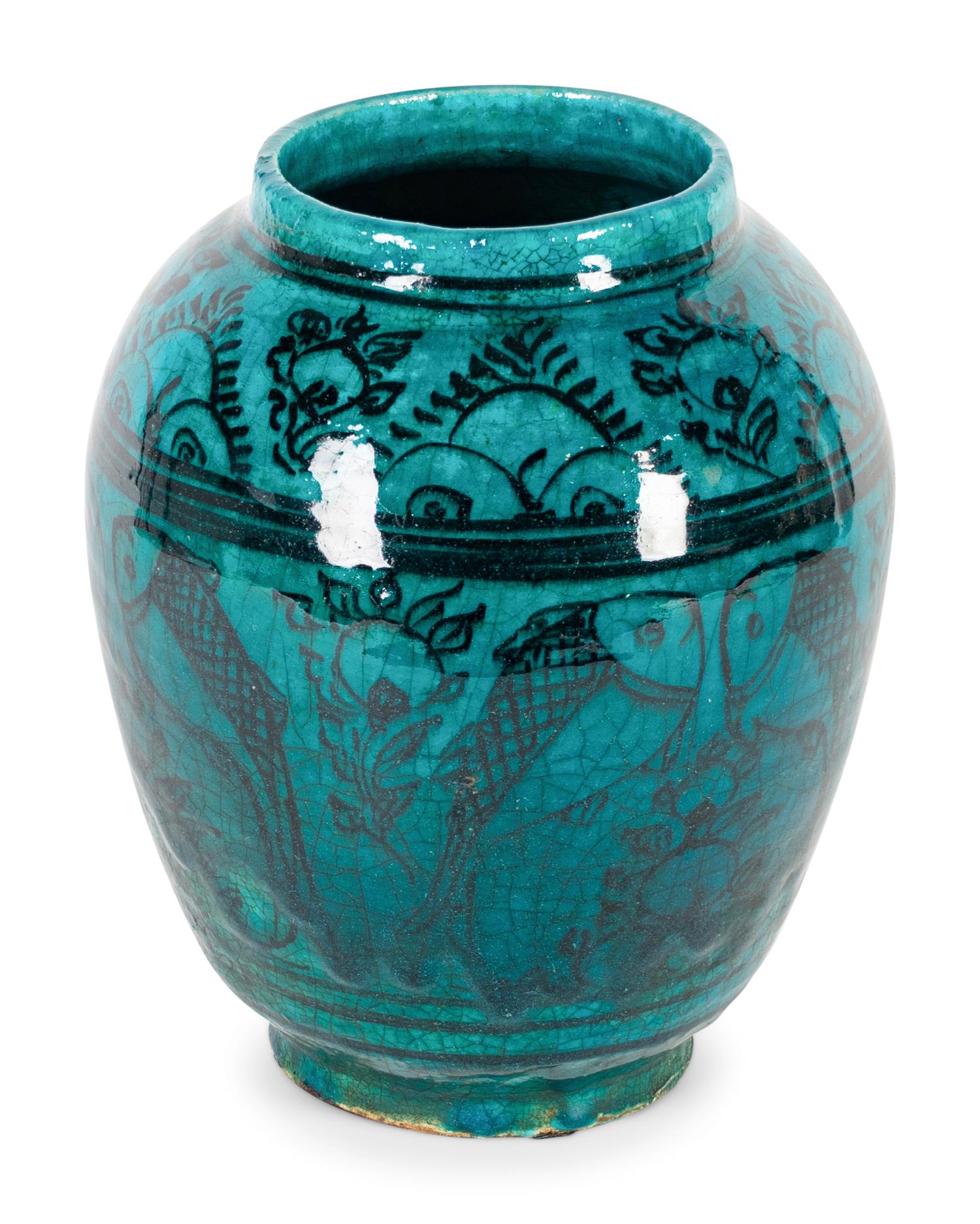 A Turkish Turquoise and Black Glazed Ceramic Vase