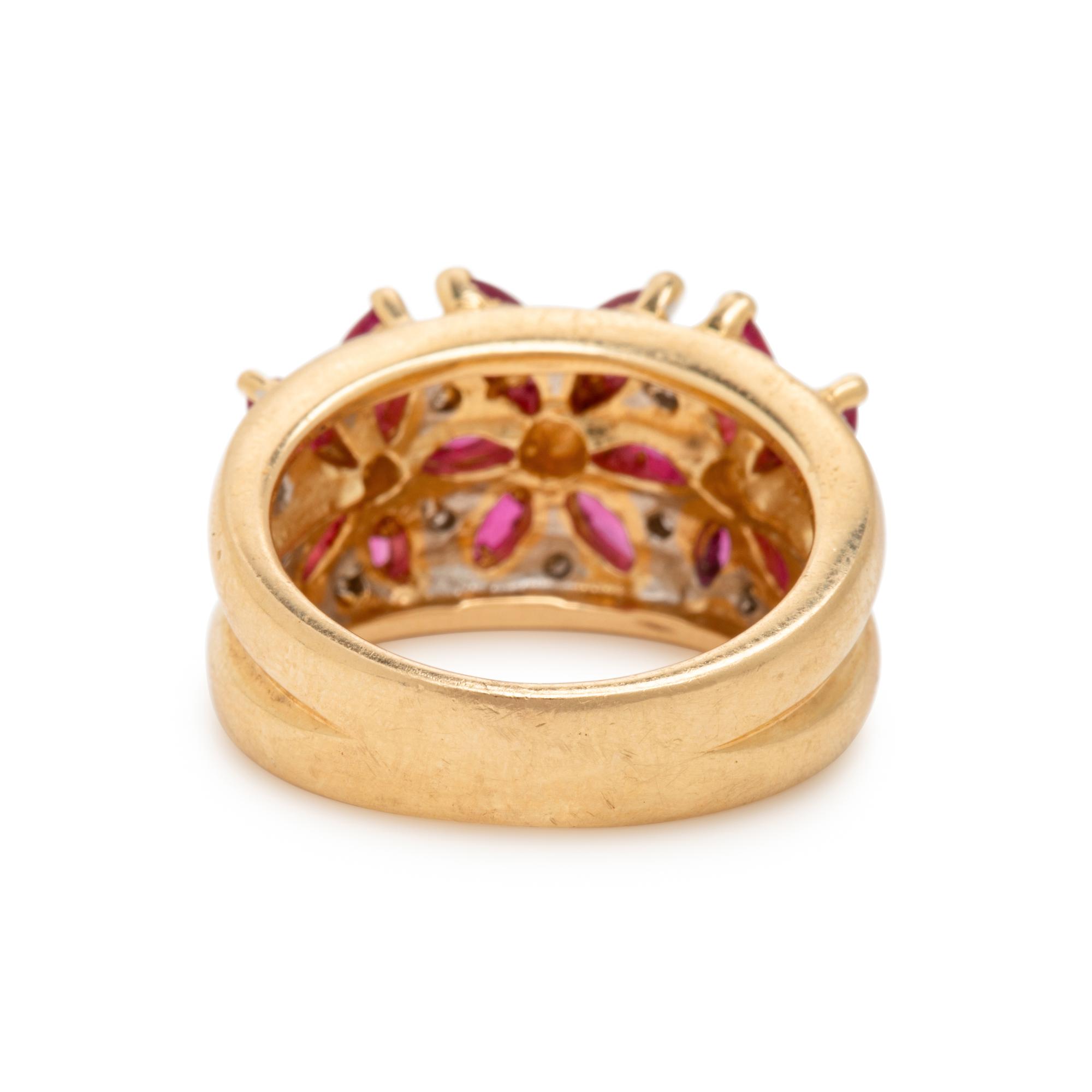 Yellow Gold, Ruby, and Diamond Flower Ring