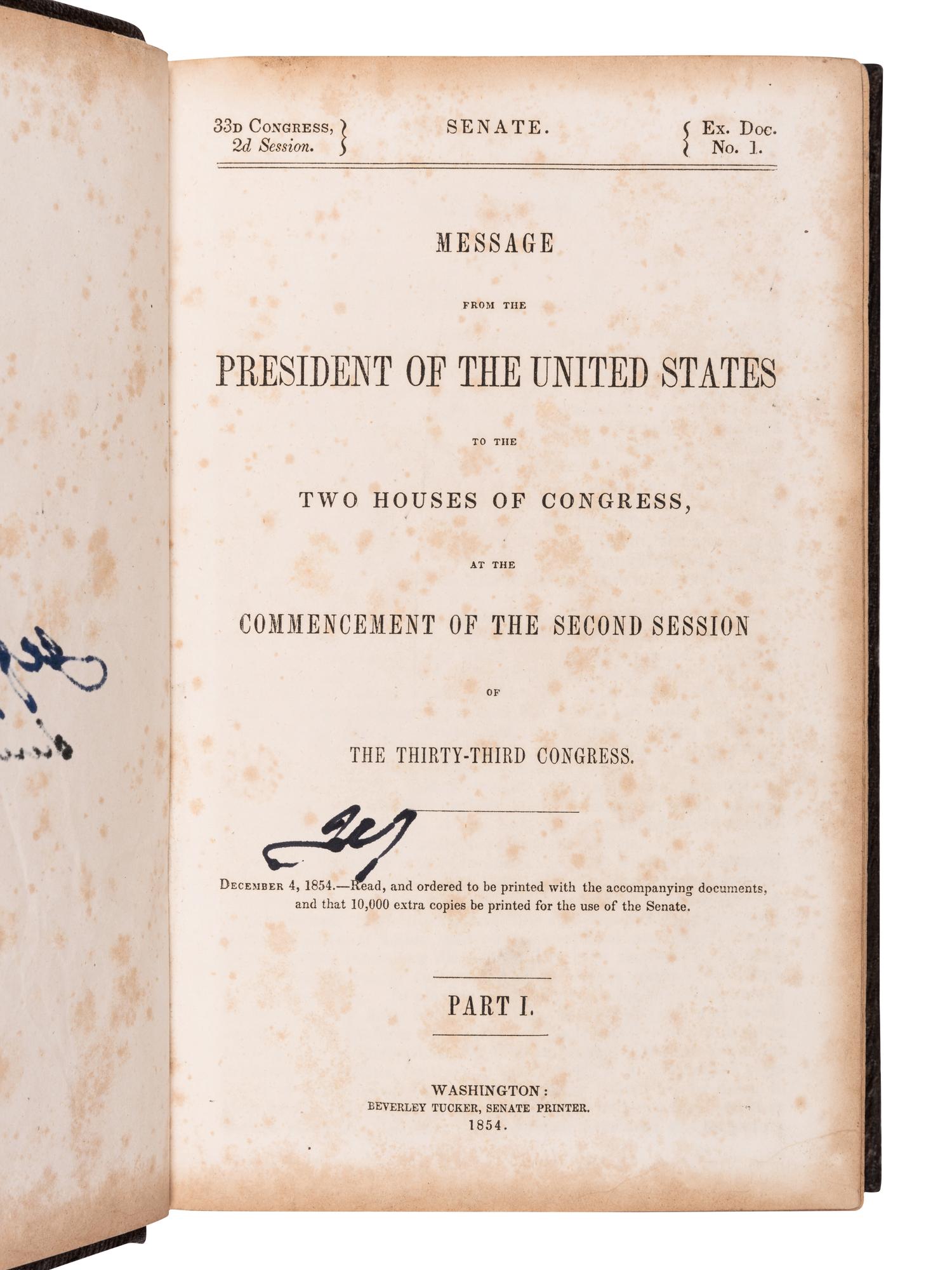 [DAVIS, Jefferson (1808-1889), his copy]. Message from the President of the United States to the Two Houses of Congress, at the Commencement of the Second Session of the Thirty-Third Congress, Part I . Washington: Beverley Tucker, Senate Printer, 1854.