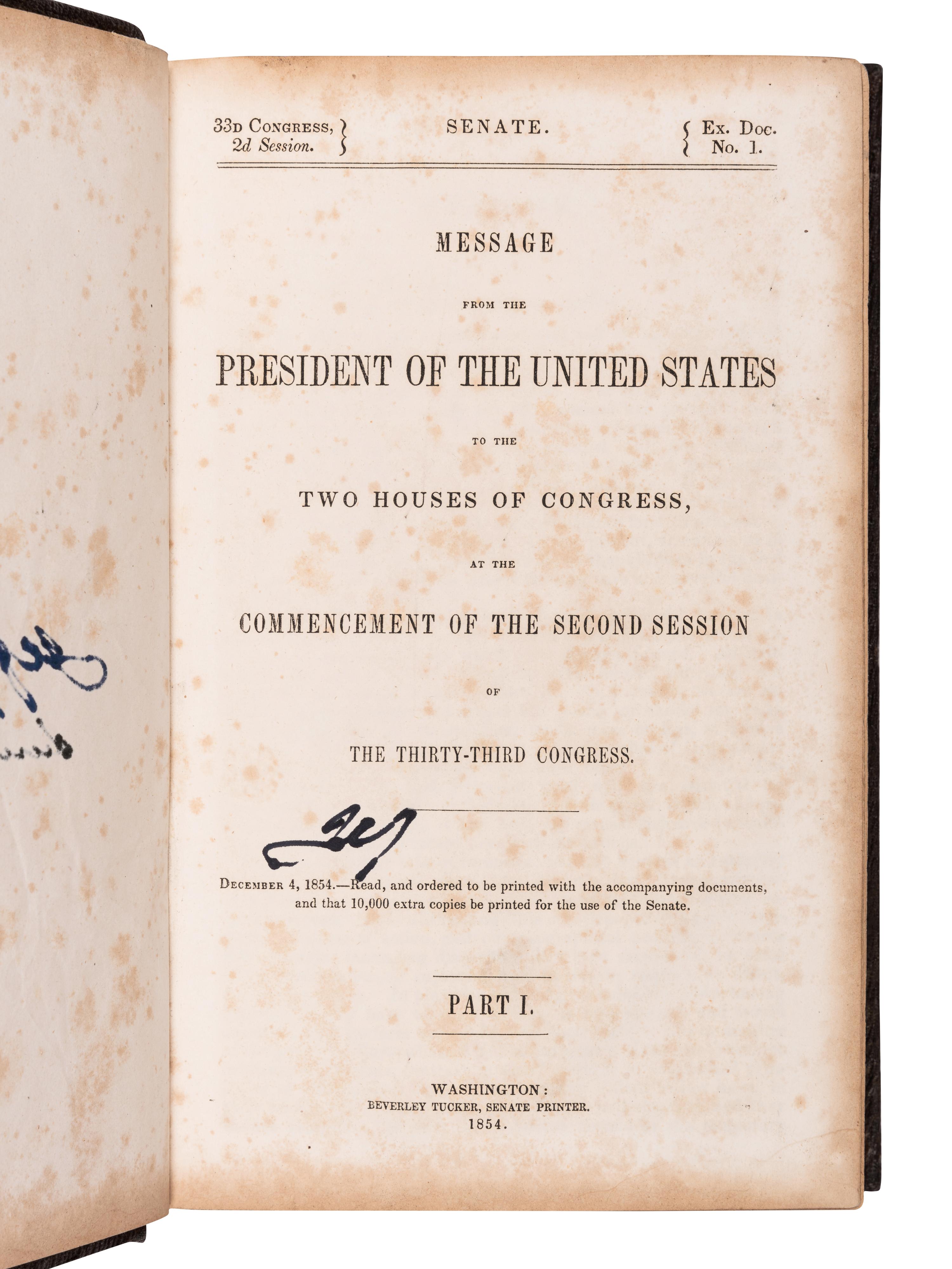 [DAVIS, Jefferson (1808-1889), his copy]. Message from the President of the United States to the Two Houses of Congress, at the Commencement of the Second Session of the Thirty-Third Congress, Part I . Washington: Beverley Tucker, Senate Printer, 1854.
