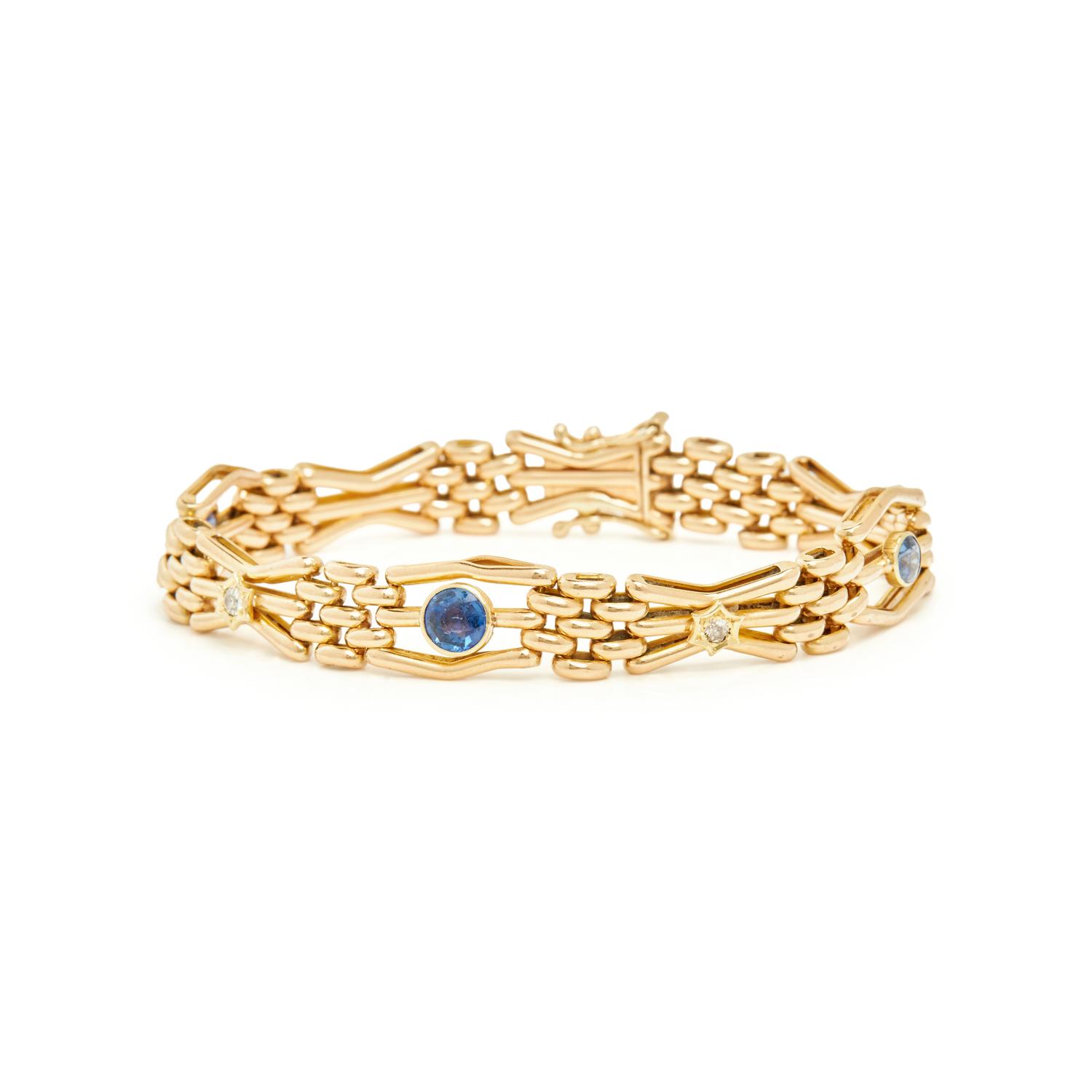YELLOW GOLD, SYNTHETIC SAPPHIRE, AND DIAMOND BRACELET