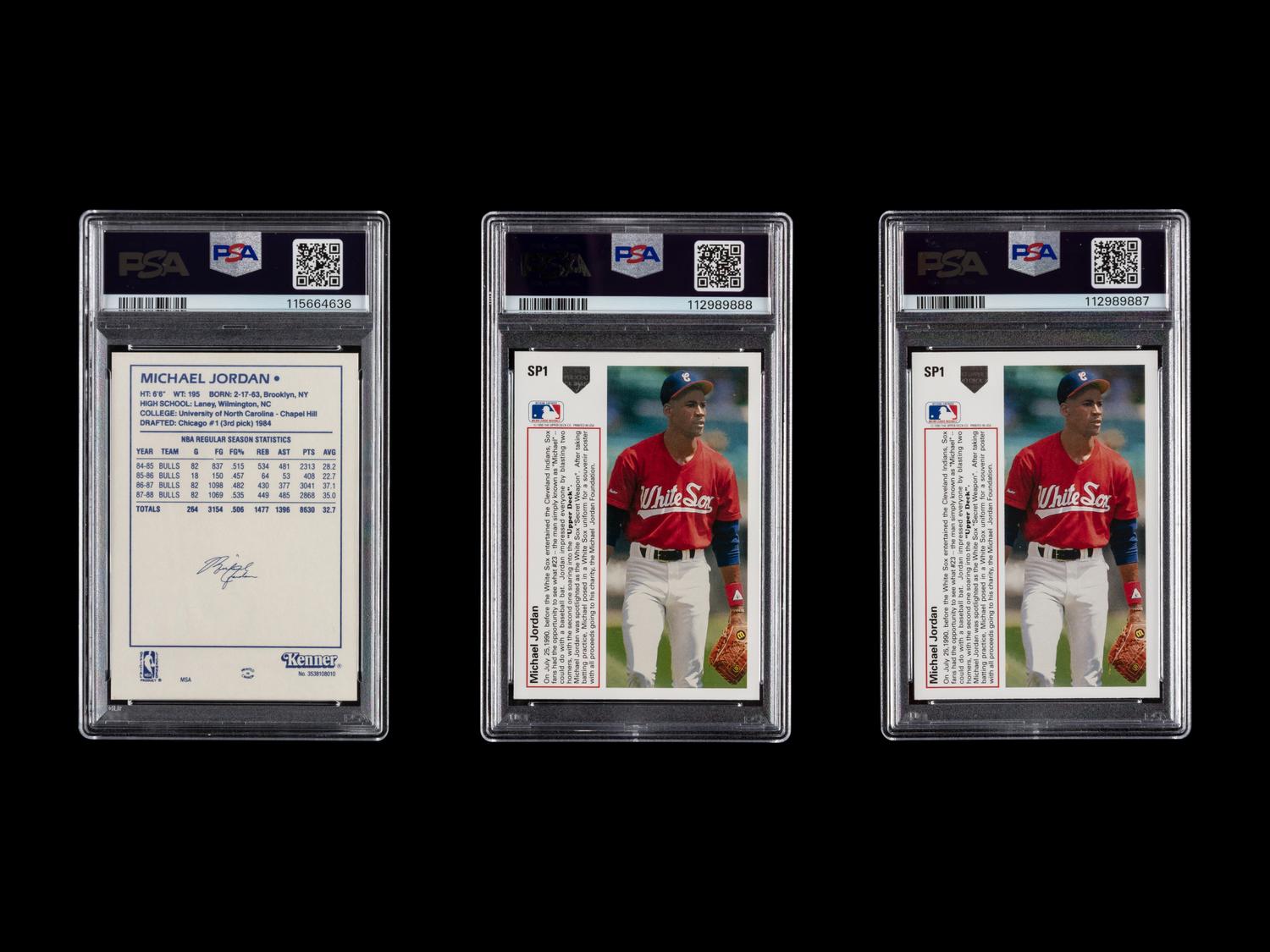 A Group of 1991 Upper Deck Michael Jordan Baseball Cards No. SP1 (PSA 9 MINT and PSA 8 NM-MT) and 1988 Kenner Michael Jordan Starting Lineup (PSA 7)