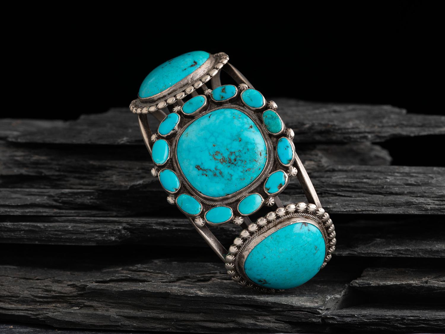 Large Navajo Silver and Turquoise Cluster Cuff Bracelet