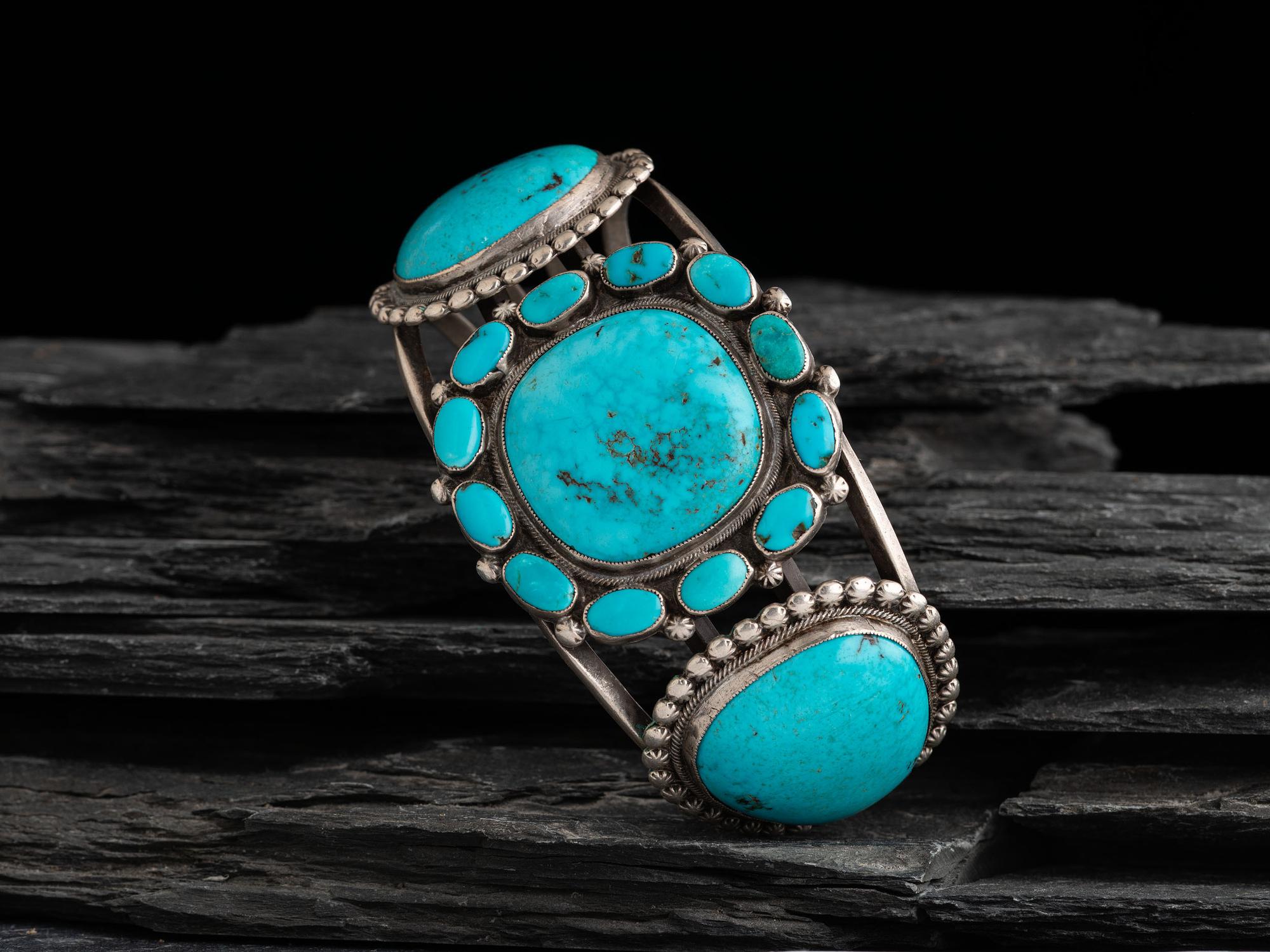Large Navajo Silver and Turquoise Cluster Cuff Bracelet
