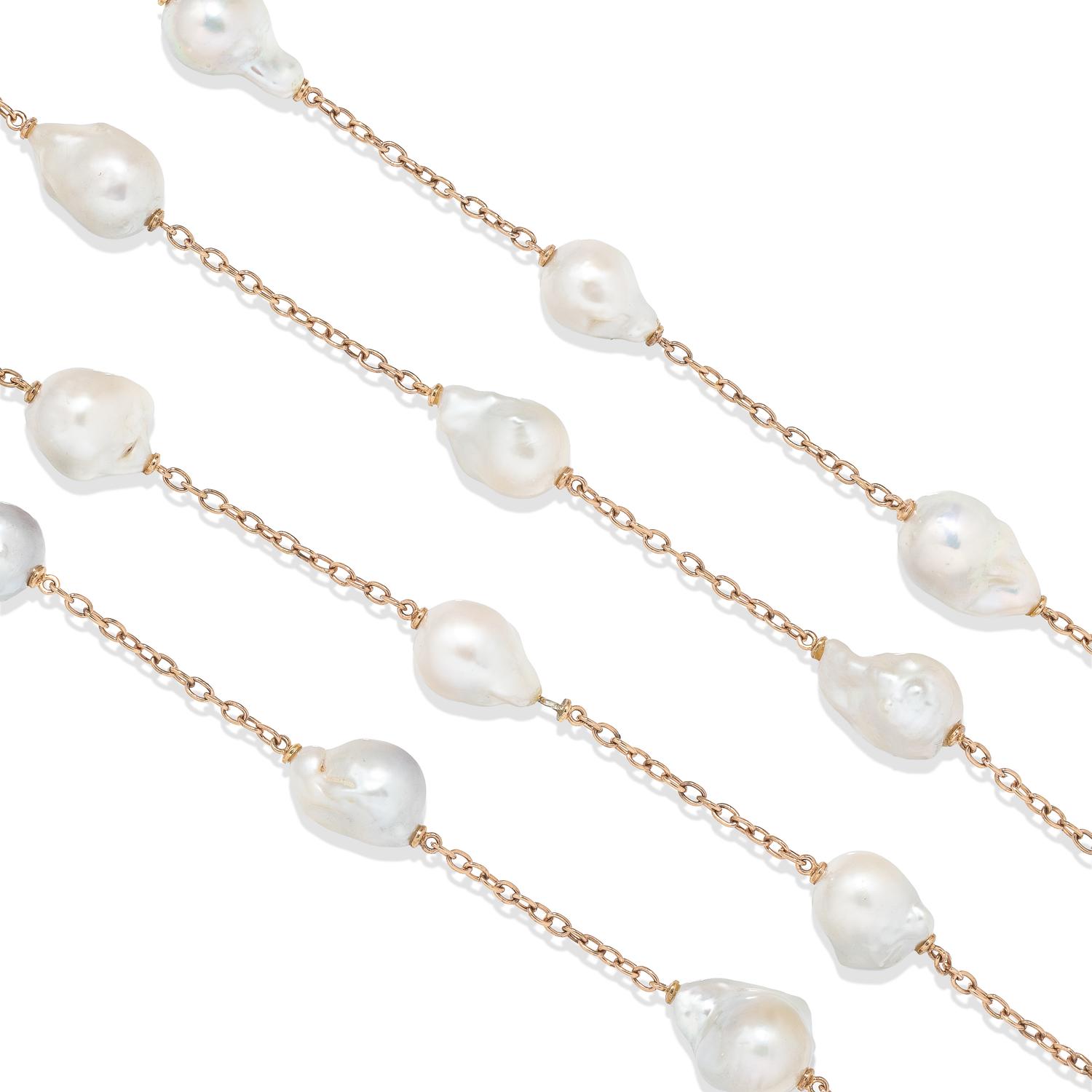 TWO BAROQUE CULTURED PEARL AND ROSE GOLD STATION NECKLACES