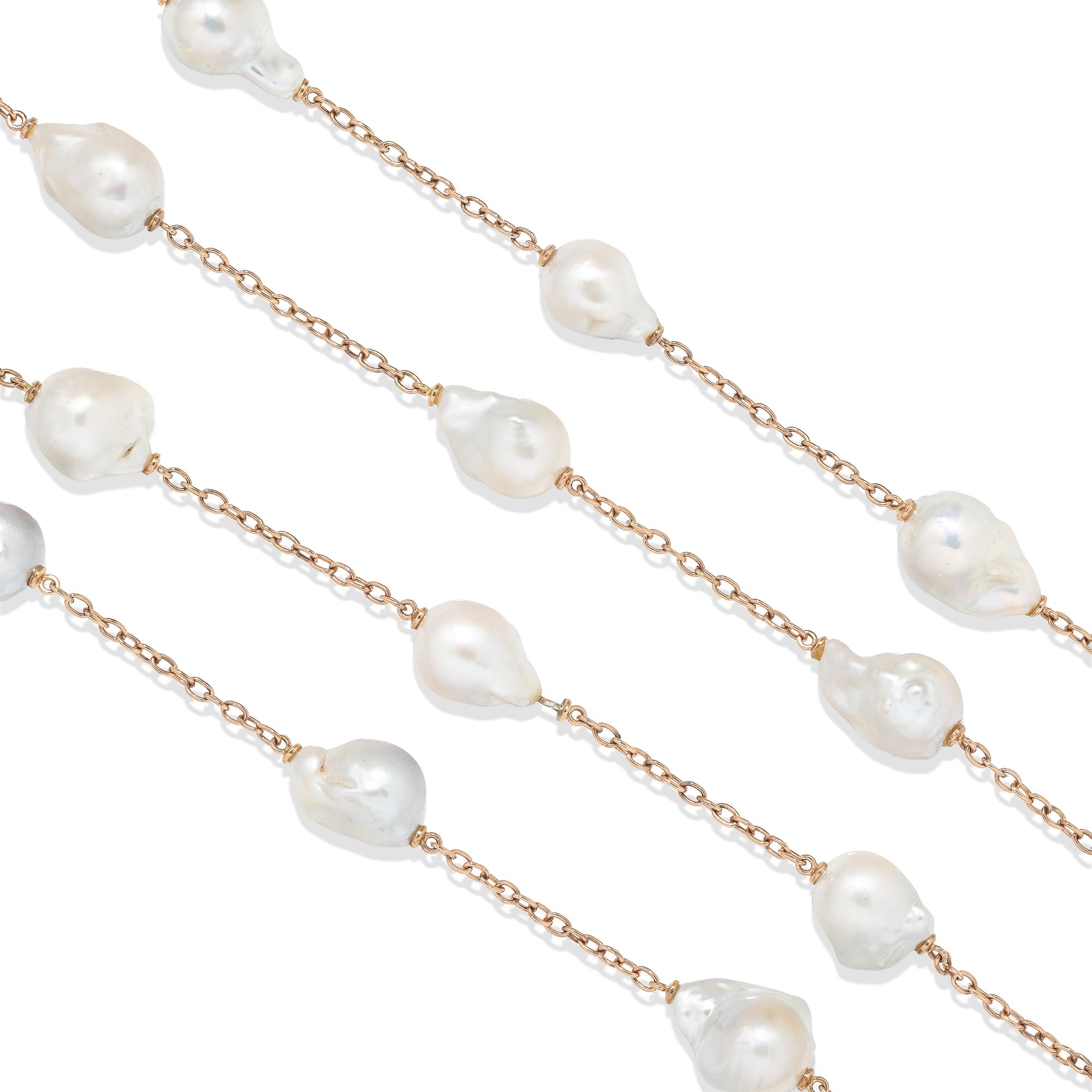 TWO BAROQUE CULTURED PEARL AND ROSE GOLD STATION NECKLACES