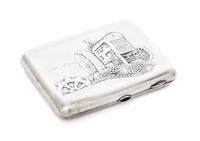 A Russian Silver Cigarette Case, Maker's mark Cyrillic MG, Moscow, early 20th century, the lid with raised decoration showing a man rid