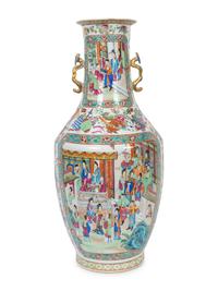 A Large Rose Medallion Porcelain Vase with Gilt Handles