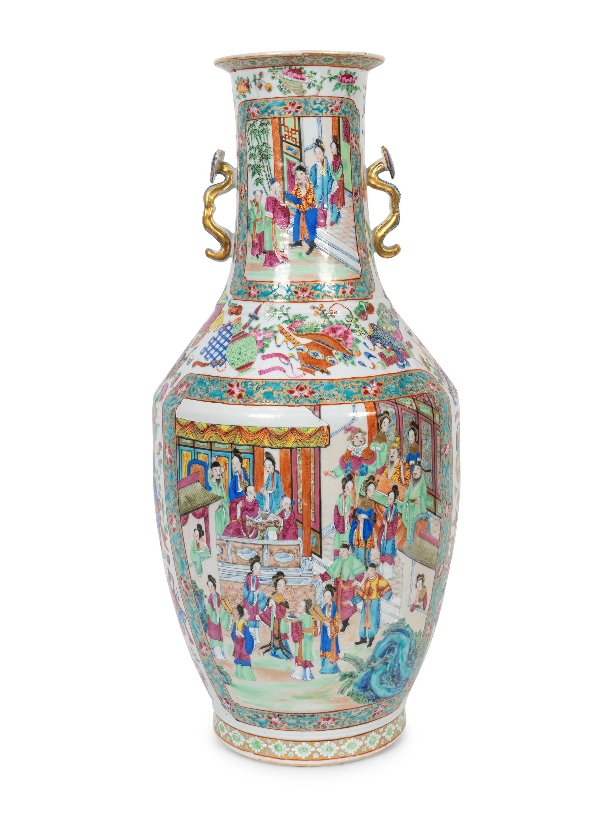 A Large Rose Medallion Porcelain Vase with Gilt Handles
