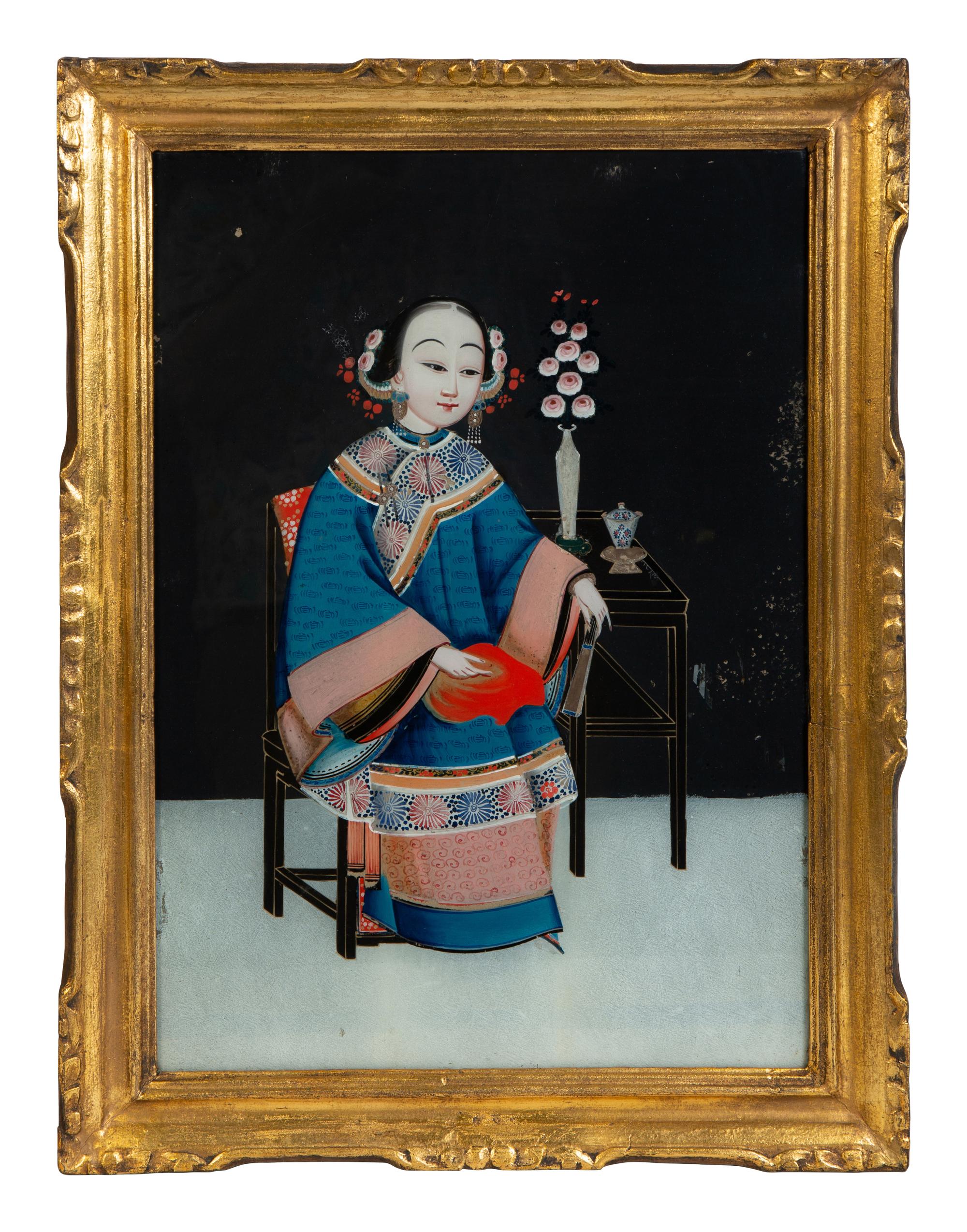 A Pair of Chinese Reverse Paintings on Glass of Young Woman — 19TH/20TH CENTURY