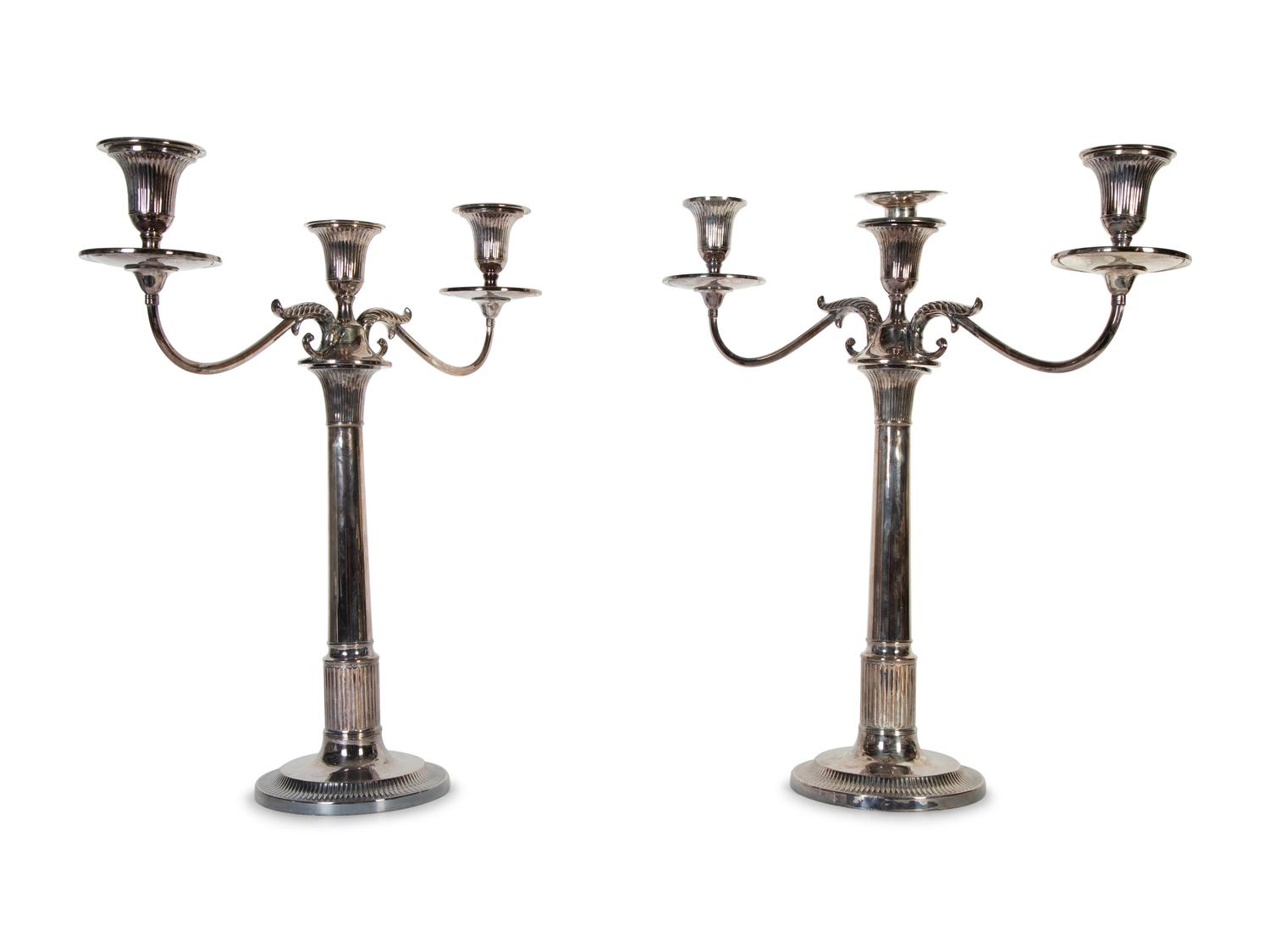 A Pair of Sheffield Silver-Plate Three-Light Candelabra