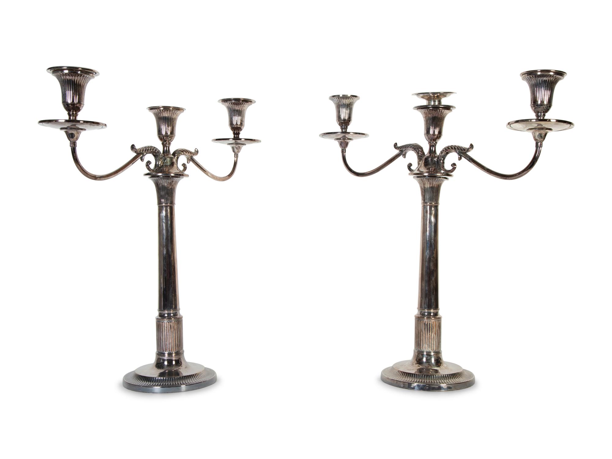 A Pair of Sheffield Silver-Plate Three-Light Candelabra