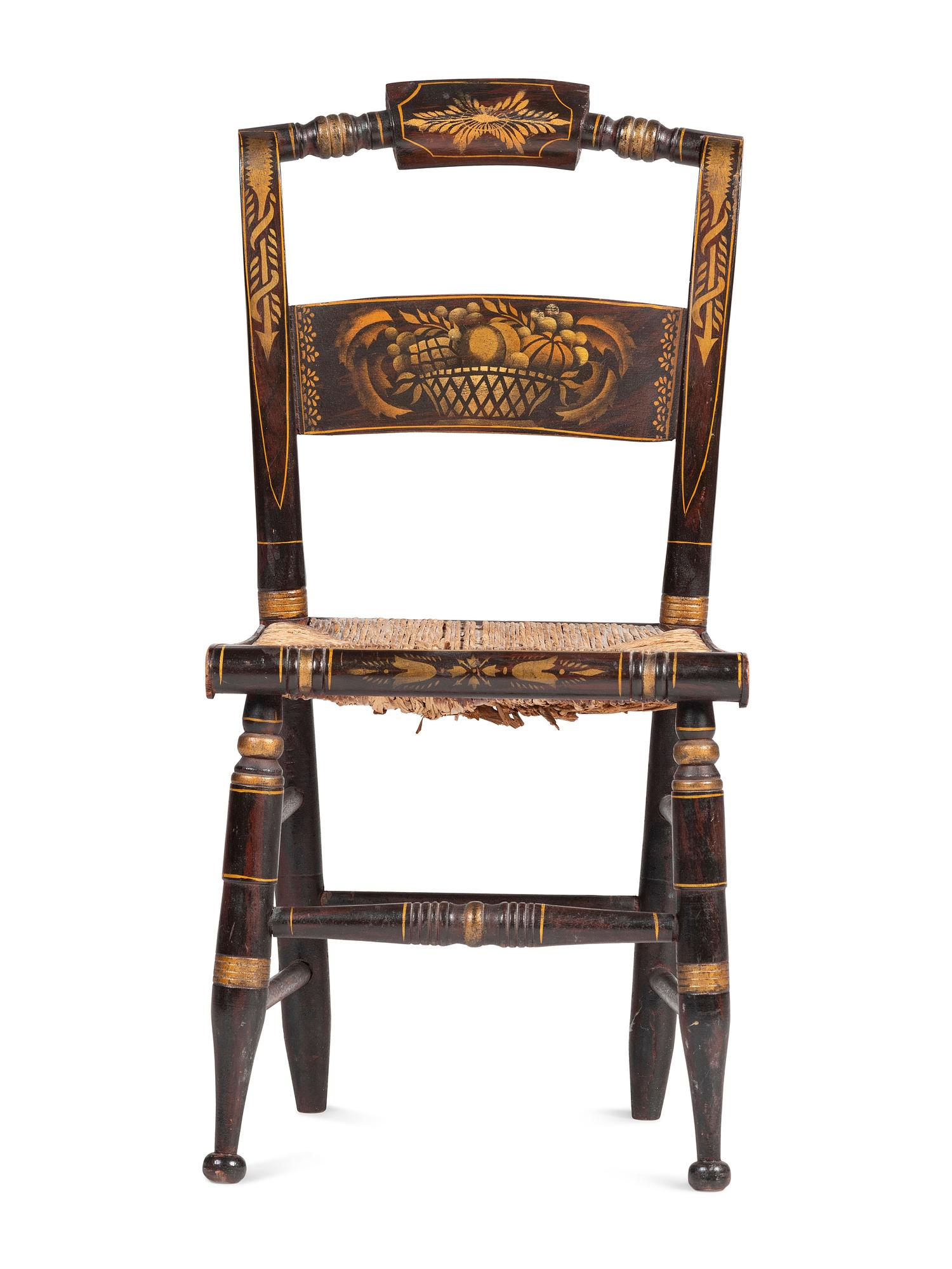 A Classical Grain Paint and Gilt Stencil-Decorated Fancy Child's Hitchcock Rush-Seat Side Chair