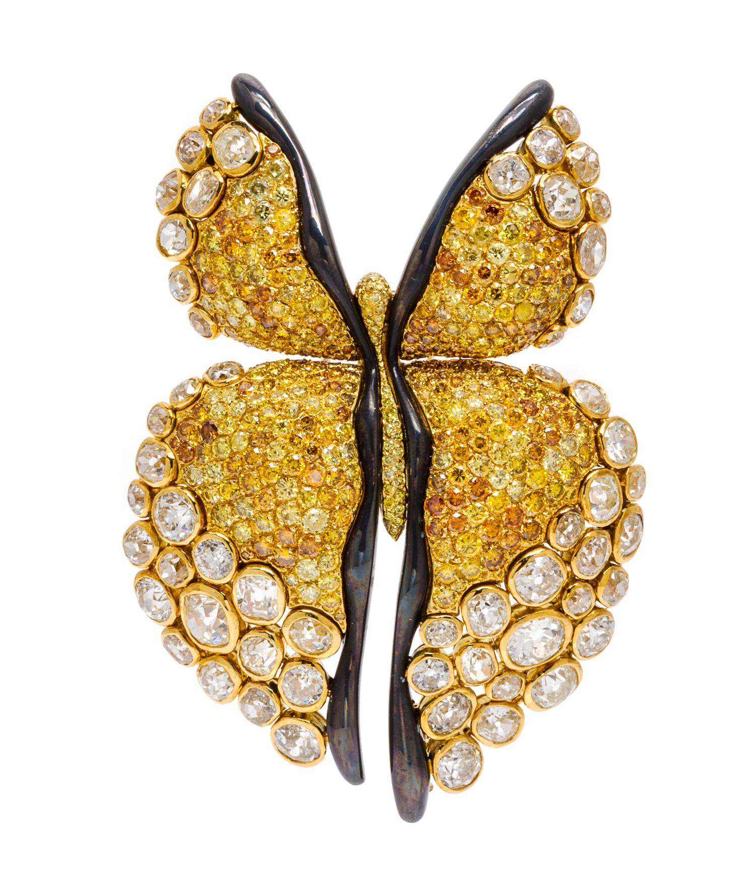 An 18 Karat Yellow Gold, Colored Diamond and Diamond Butterfly Brooch, Boivin, 1970's, 55.60 dwts.