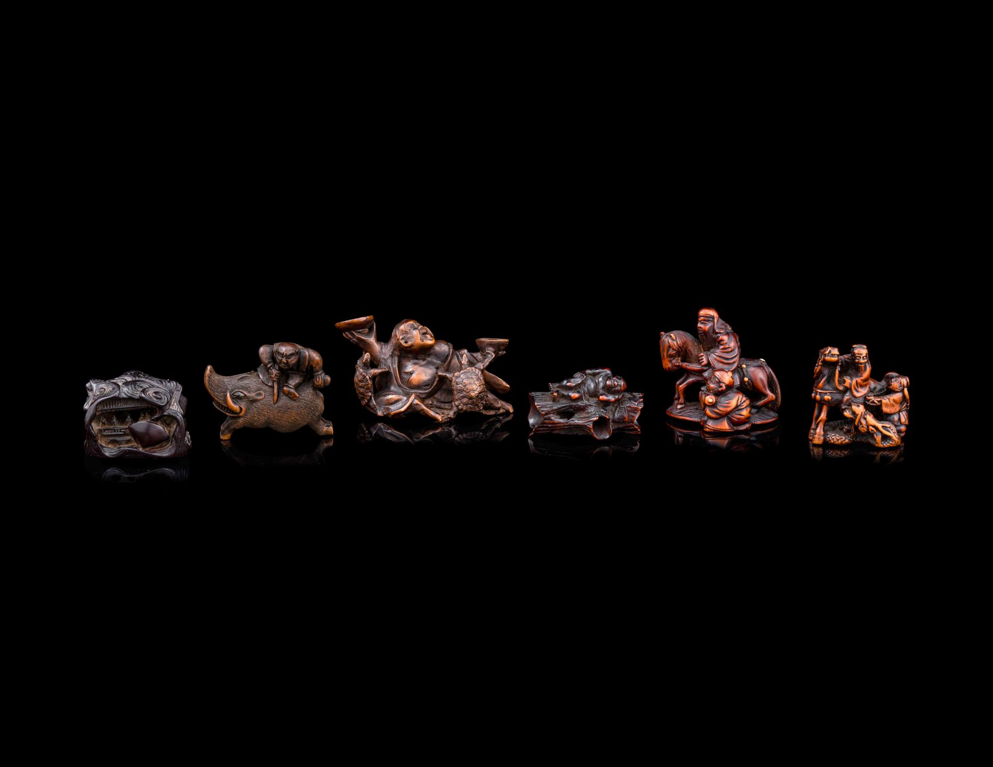 Six Japanese Carved Wood 'Figural Group' Netsuke