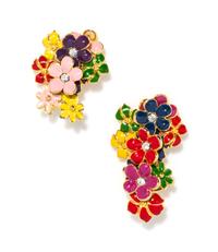 A Pair of Gianni Versace Multicolor Enamel Floral Earclips, Red center: 2.5" x 1.5"; Pink center: 1.75" x 1.5".