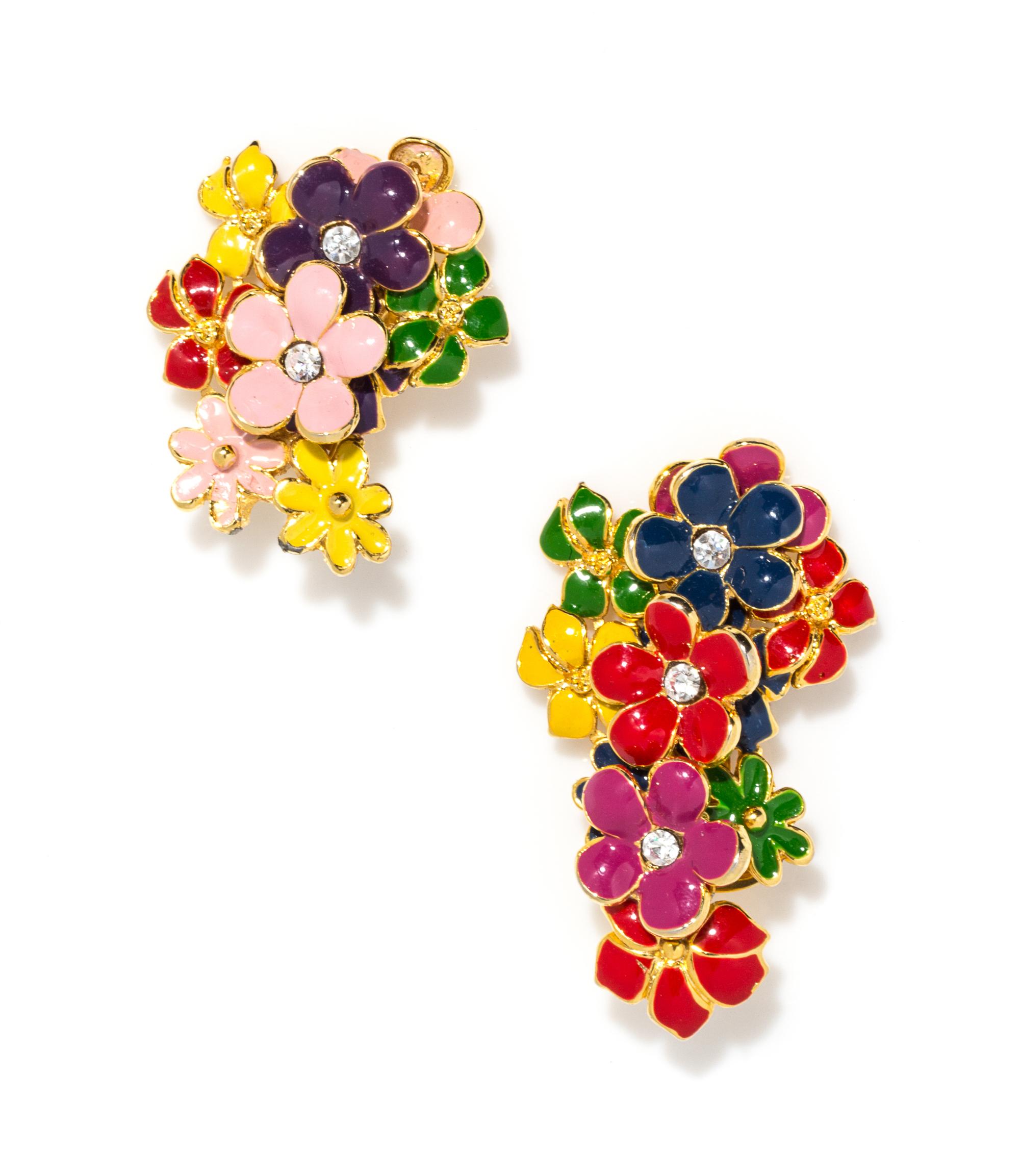 A Pair of Gianni Versace Multicolor Enamel Floral Earclips, Red center: 2.5" x 1.5"; Pink center: 1.75" x 1.5".