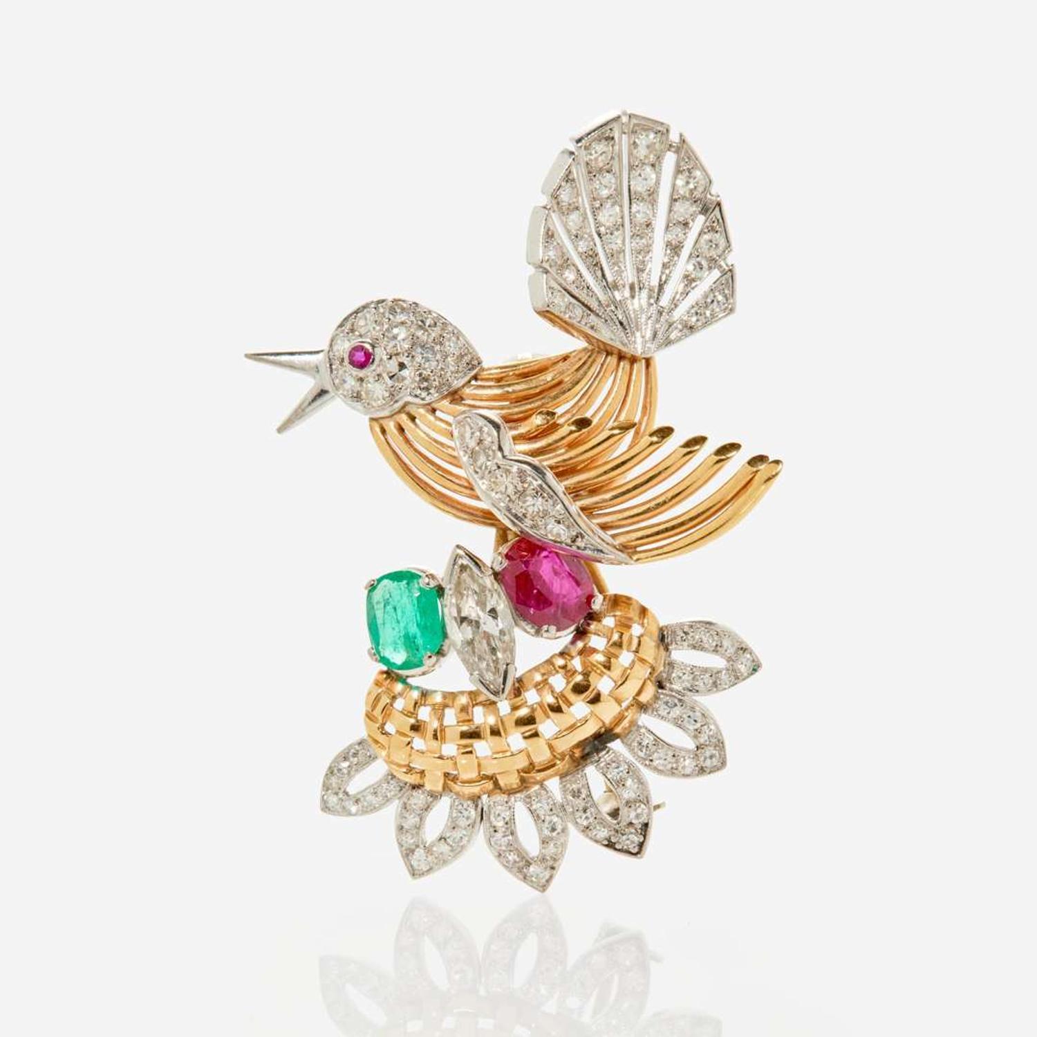 A Bird Brooch with Diamonds, Rubies, and Emeralds