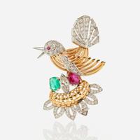 A Bird Brooch with Diamonds, Rubies, and Emeralds
