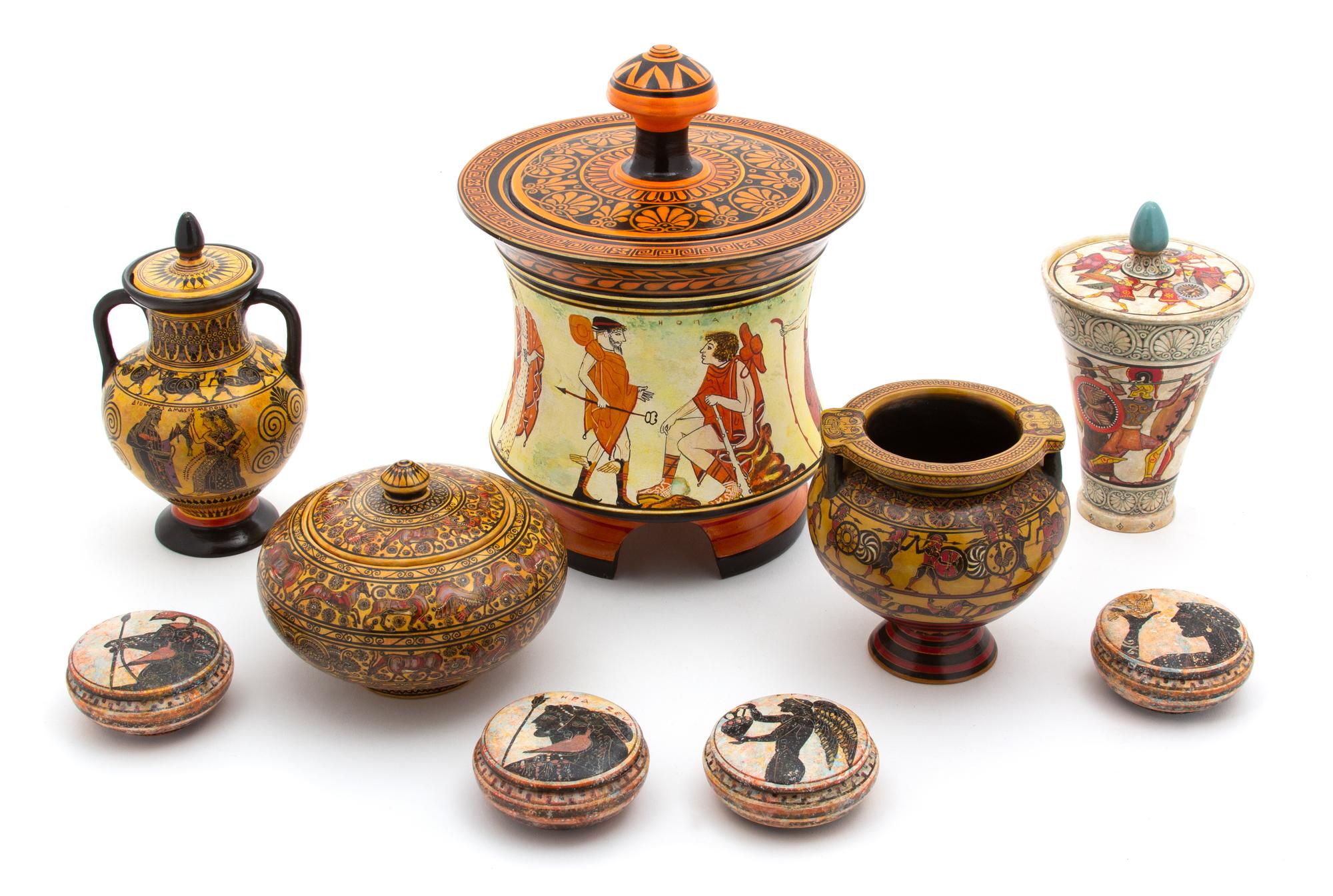 Group of Twelve Pieces Greek Reproduction Painted Pottery