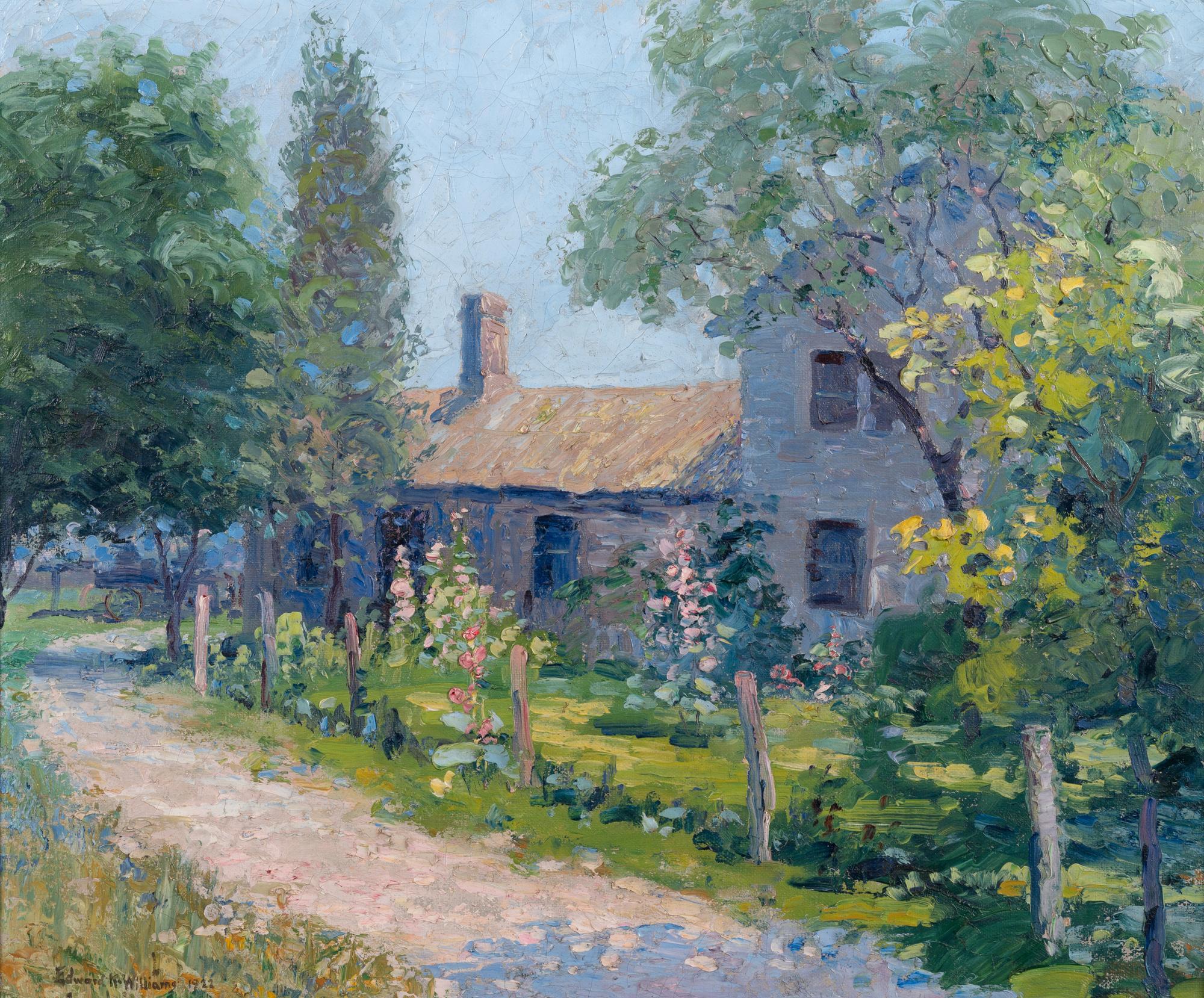 Cottage with Hollyhocks