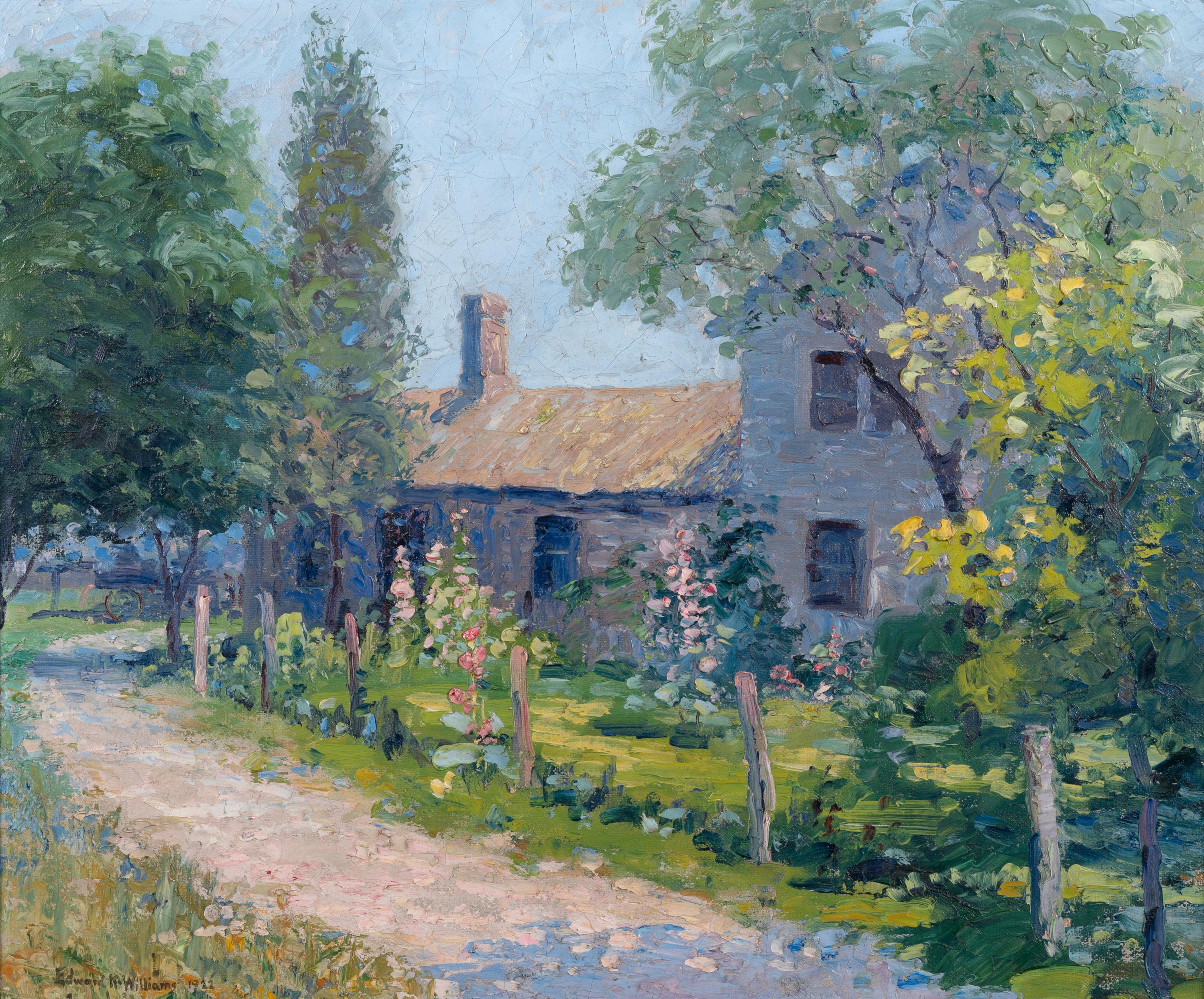 Cottage with Hollyhocks