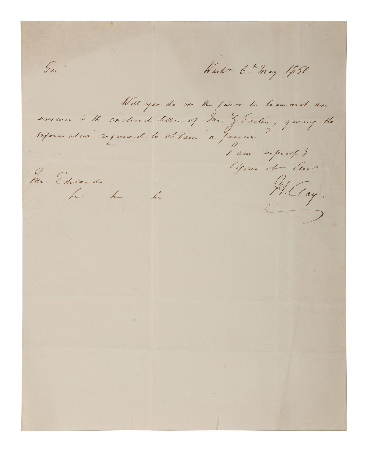 [POLITICS]. 3 letters signed by R.B. TANEY, Henry CLAY, and Daniel WEBSTER.
