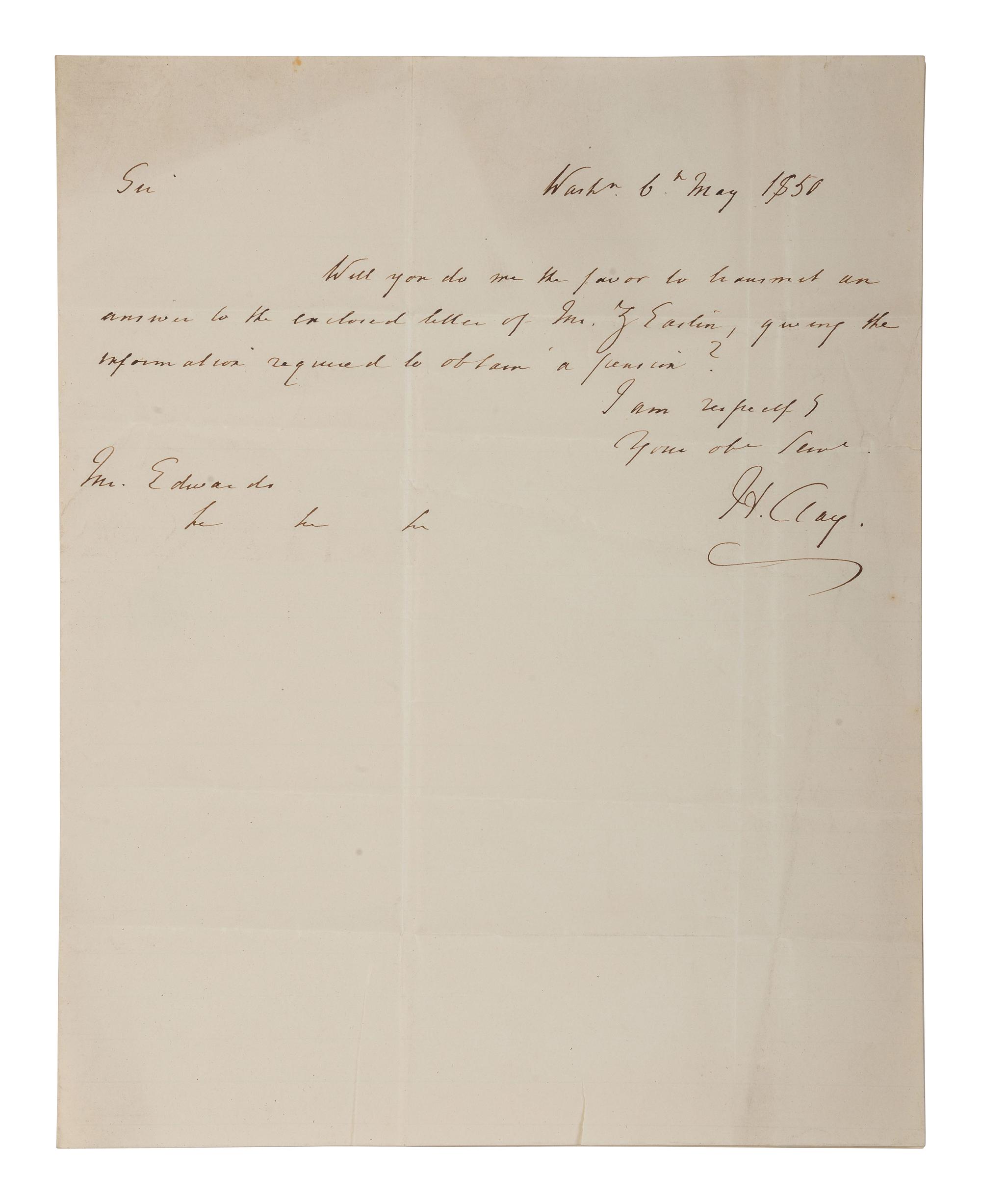 [POLITICS]. 3 letters signed by R.B. TANEY, Henry CLAY, and Daniel WEBSTER.