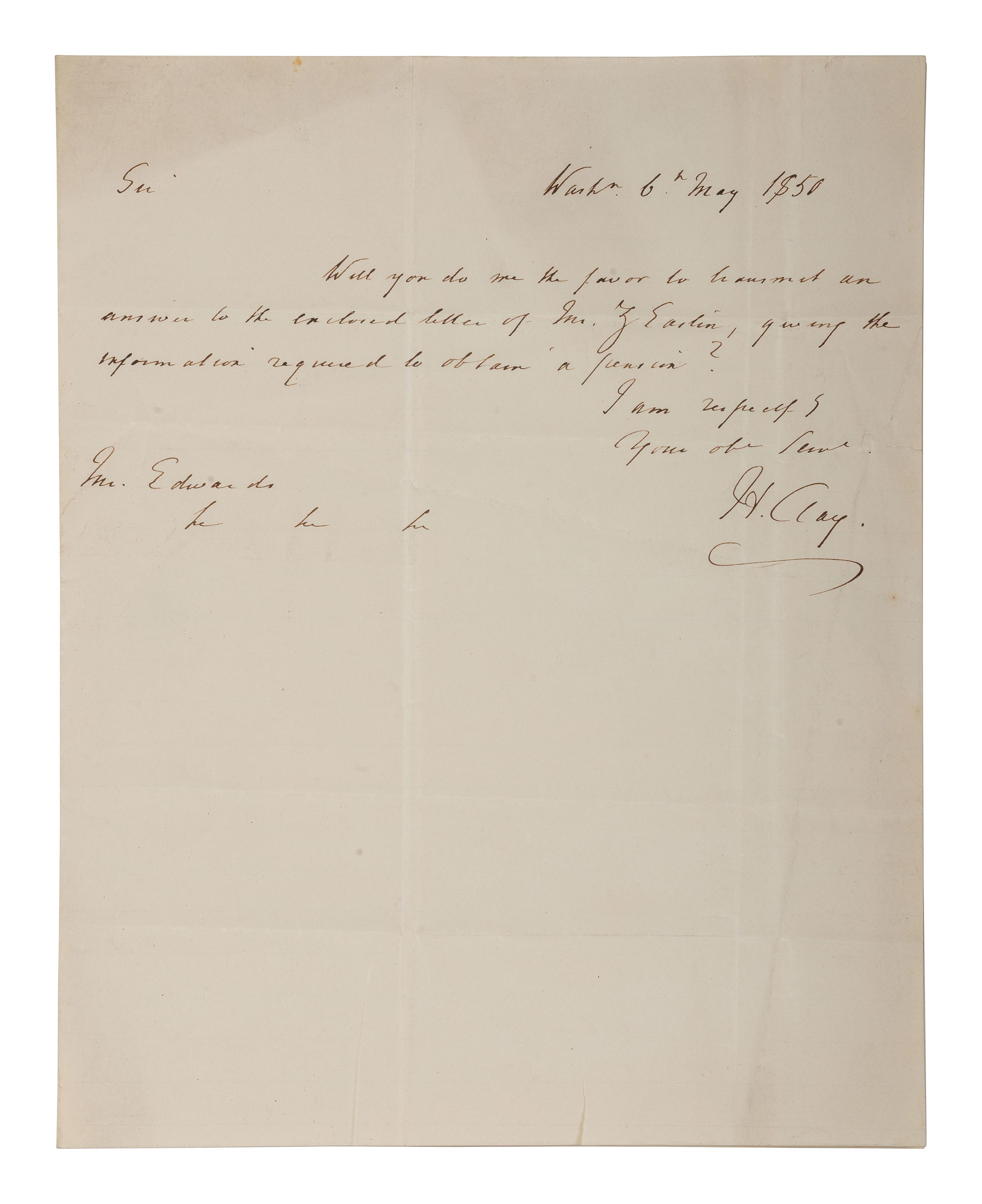 [POLITICS]. 3 letters signed by R.B. TANEY, Henry CLAY, and Daniel WEBSTER.