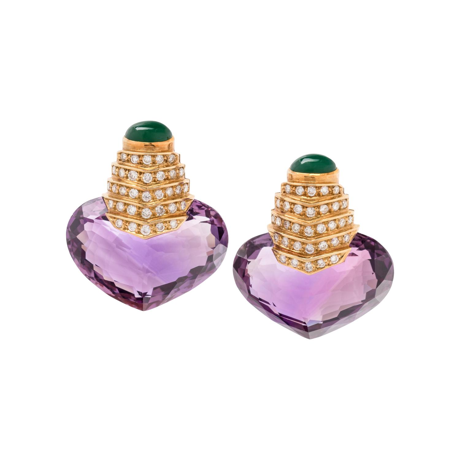 AMETHYST, CHRYSOPRASE AND DIAMOND EARCLIPS