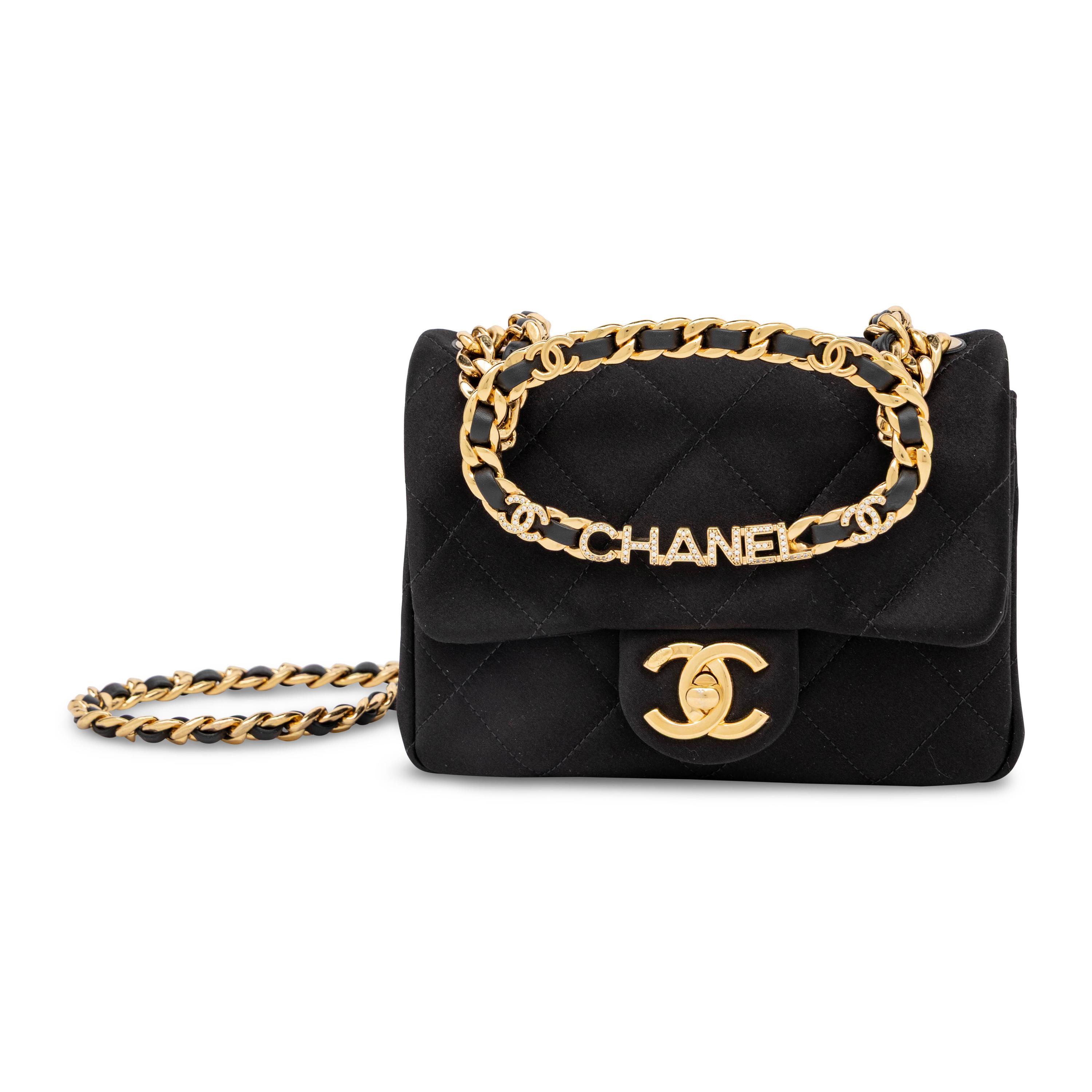 Chanel, Mini Logo Handle Flap Bag in Black Satin